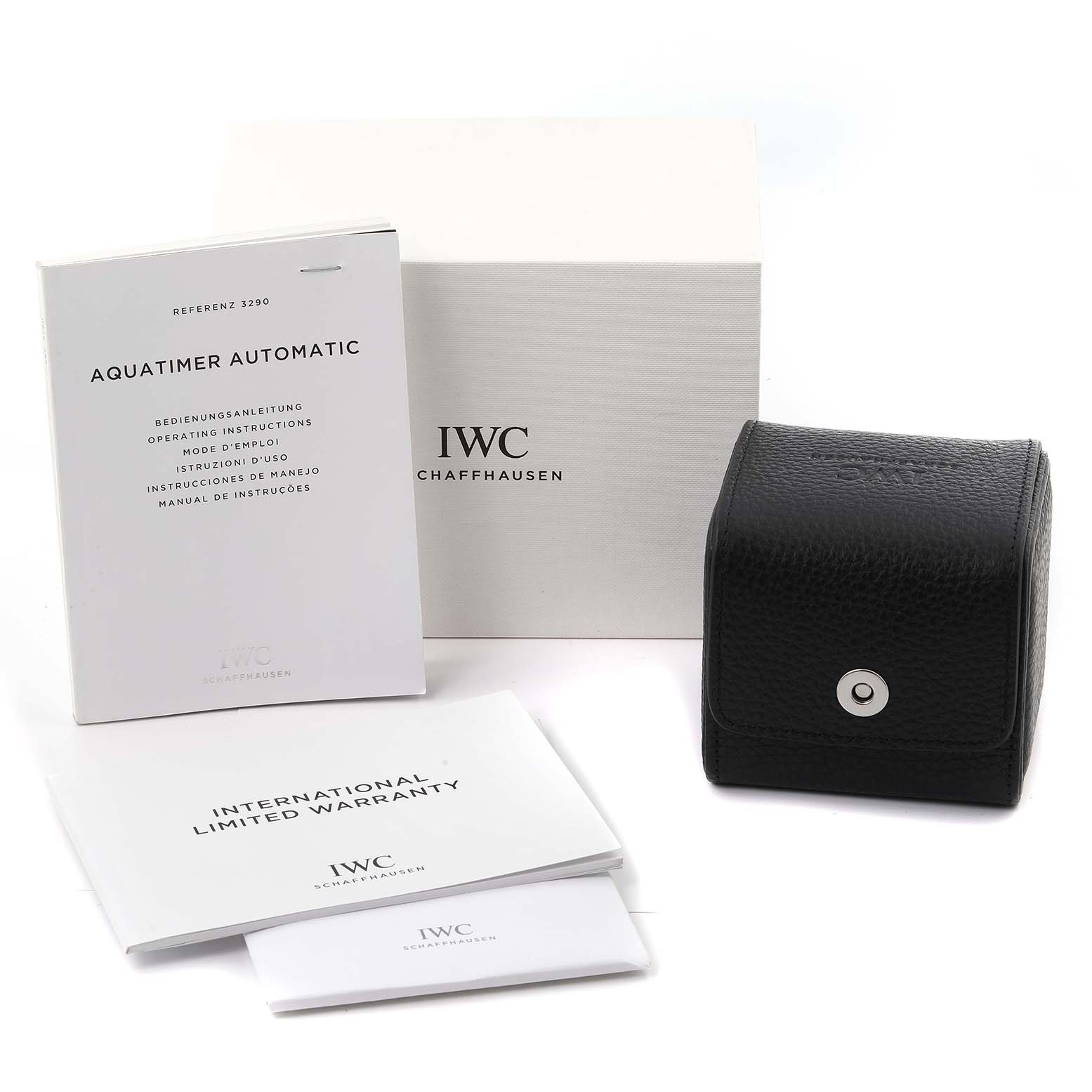 The image shows the packaging, manuals, warranty card, and travel case for the IWC Aquatimer IW329001 Men's Stainless Steel Black Dial IW329001 Men's Stainless Steel Black Dial watch model.