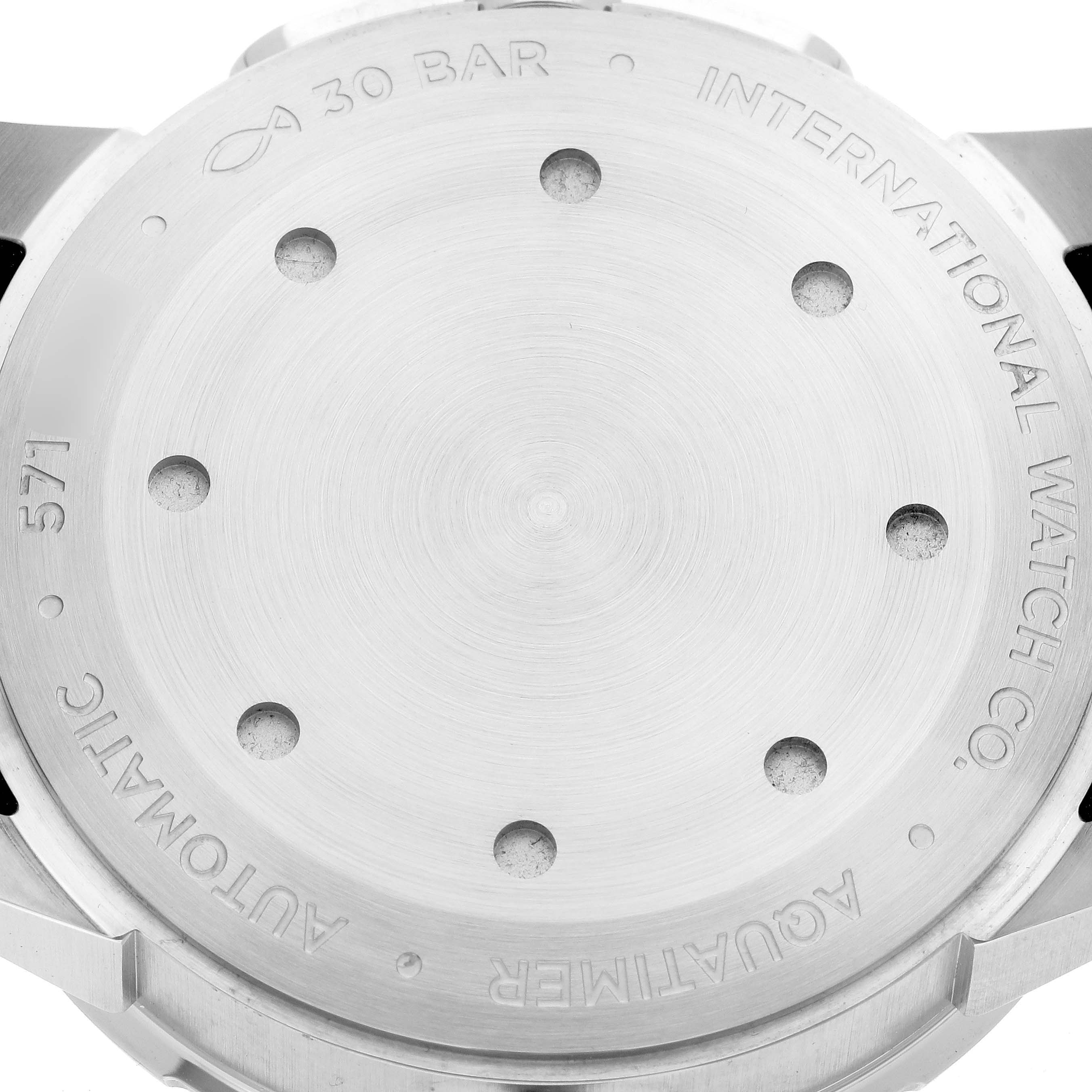 The image shows the back case of an IWC Aquatimer IW329001 Men's Stainless Steel Black Dial IW329001 Men's Stainless Steel Black Dial watch, displaying engraving and water resistance markings.