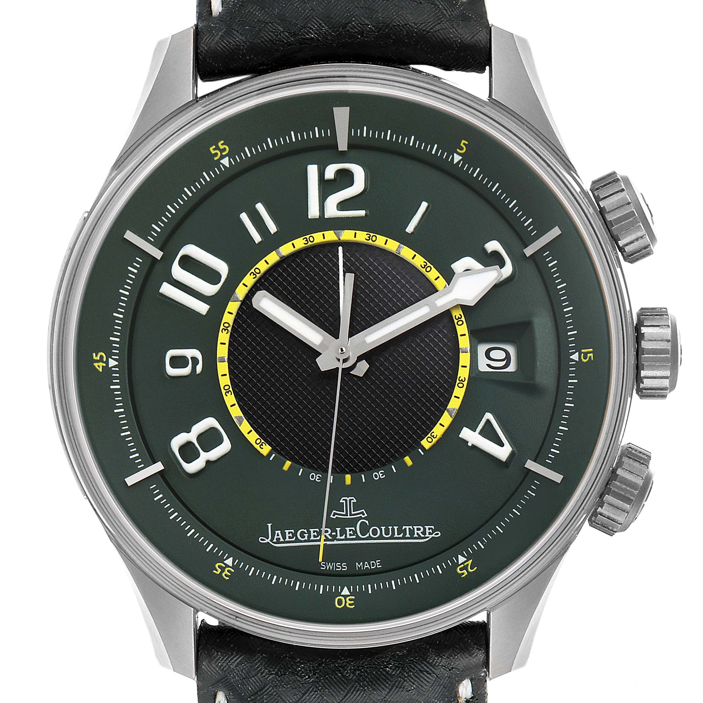 The image shows a front view of the Jaeger LeCoultre Amvox Q190T440 Men's Titanium Green Dial Q190T440 Men's Titanium Green Dial watch, highlighting its dial, hands, crown, and case.