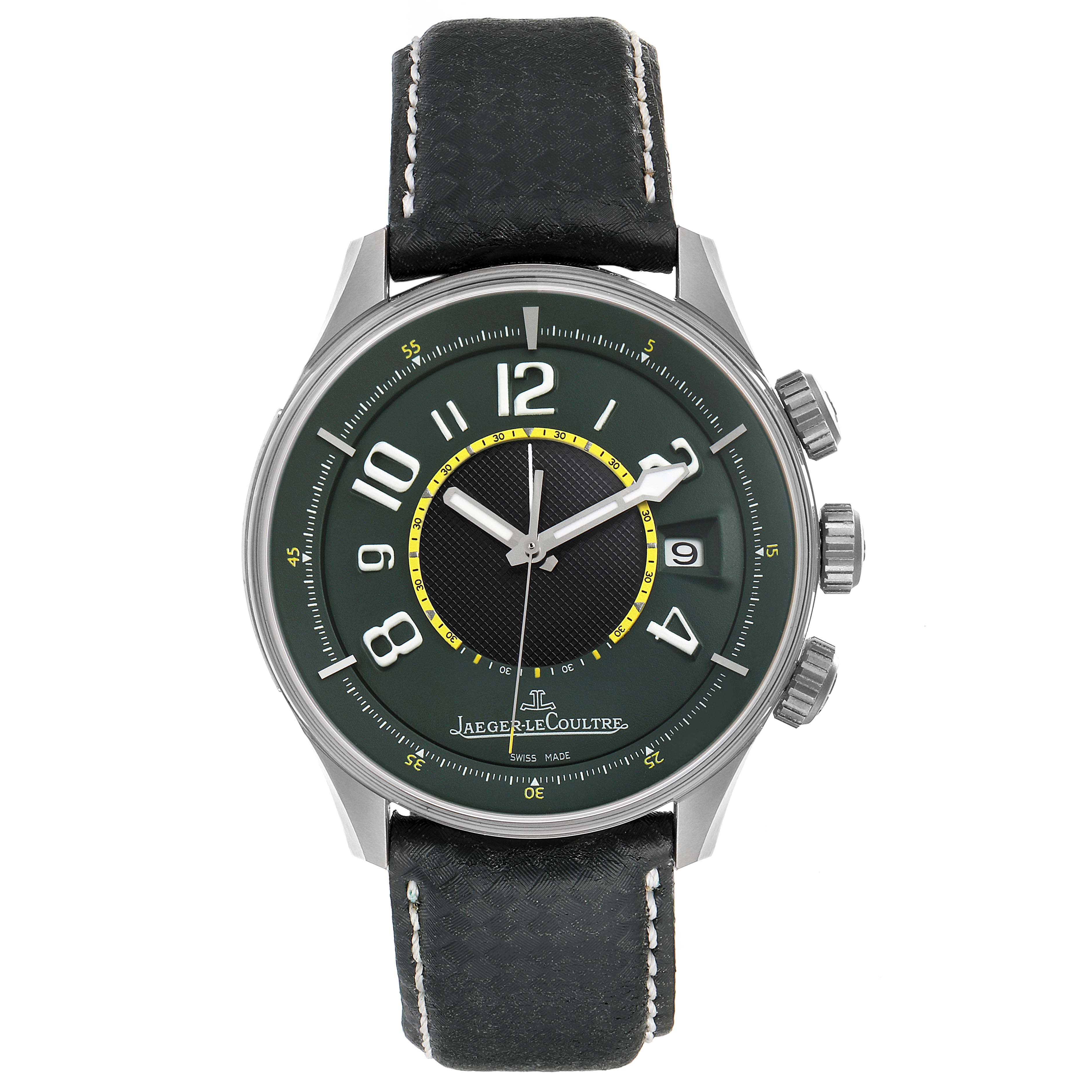 The image shows a frontal view of an Amvox model watch by Jaeger LeCoultre, displaying its dial, hour markers, hands, and crown.