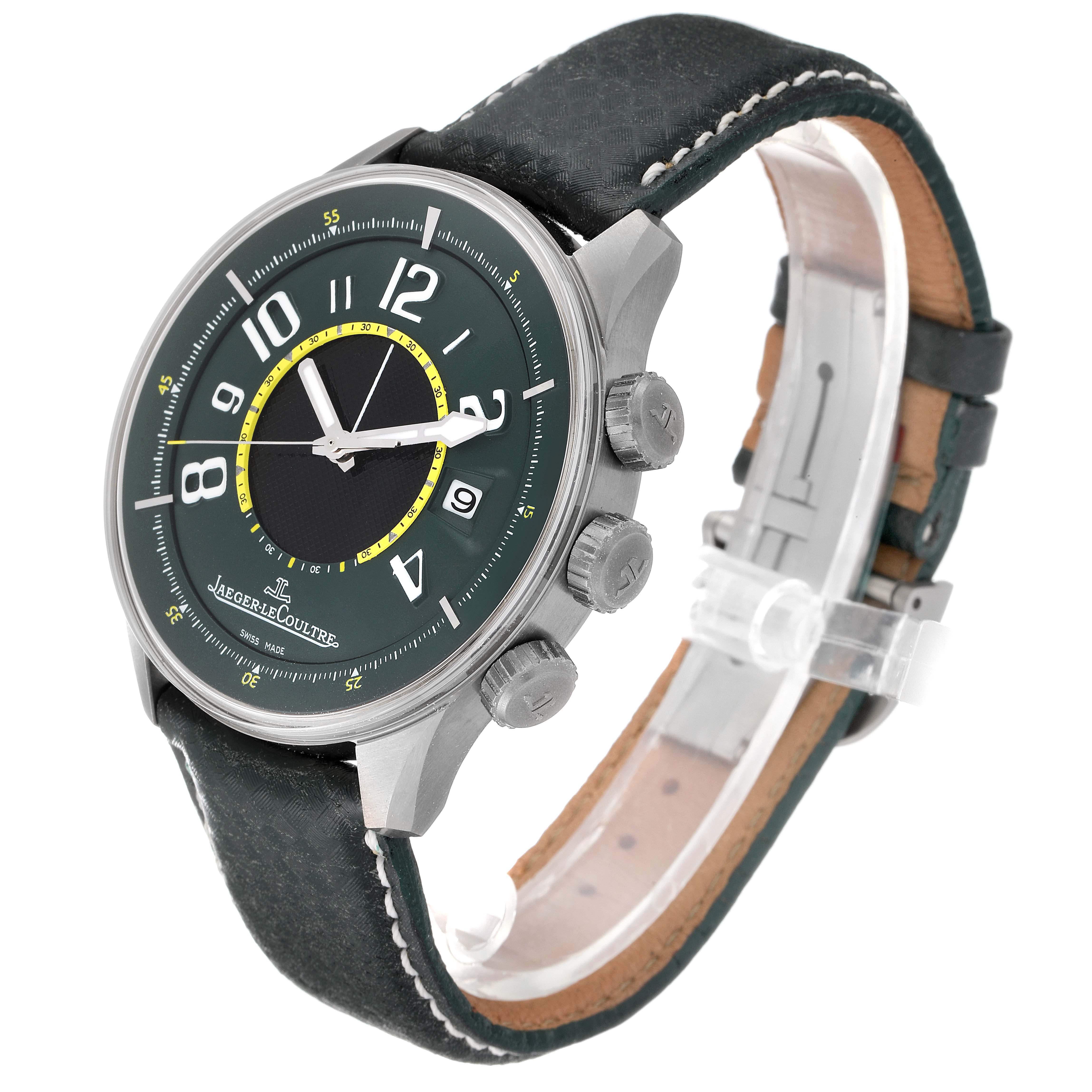 The image shows a Jaeger LeCoultre Amvox Q190T440 Men's Titanium Green Dial Q190T440 Men's Titanium Green Dial watch angled to display the face, side buttons, and part of the strap.