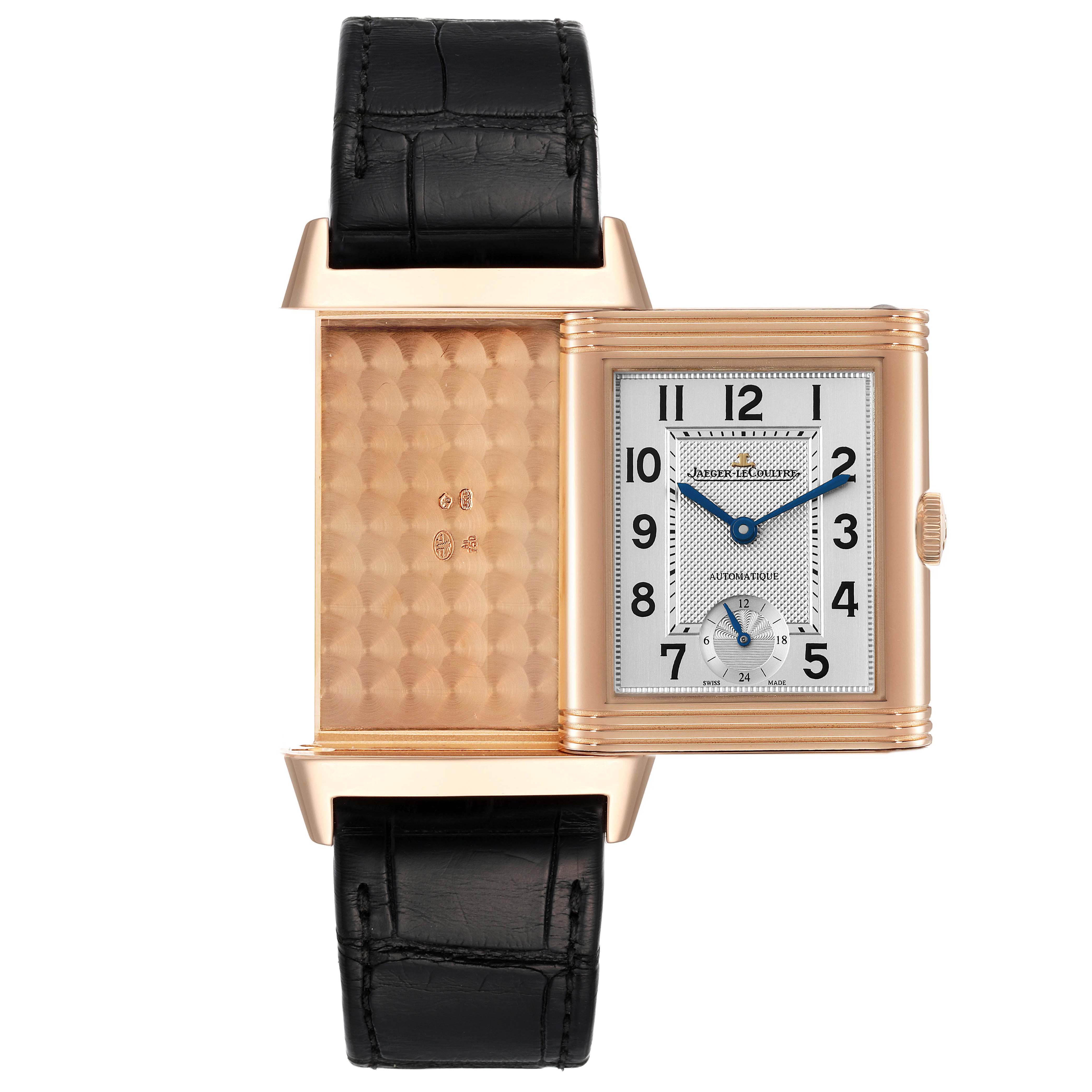 The image shows a Jaeger LeCoultre Reverso Q3802520 Men's Rose Gold Silver Dial Q3802520 Men's Rose Gold Silver Dial watch at a straight-on angle, with its case partially swiveled to reveal the inner side.