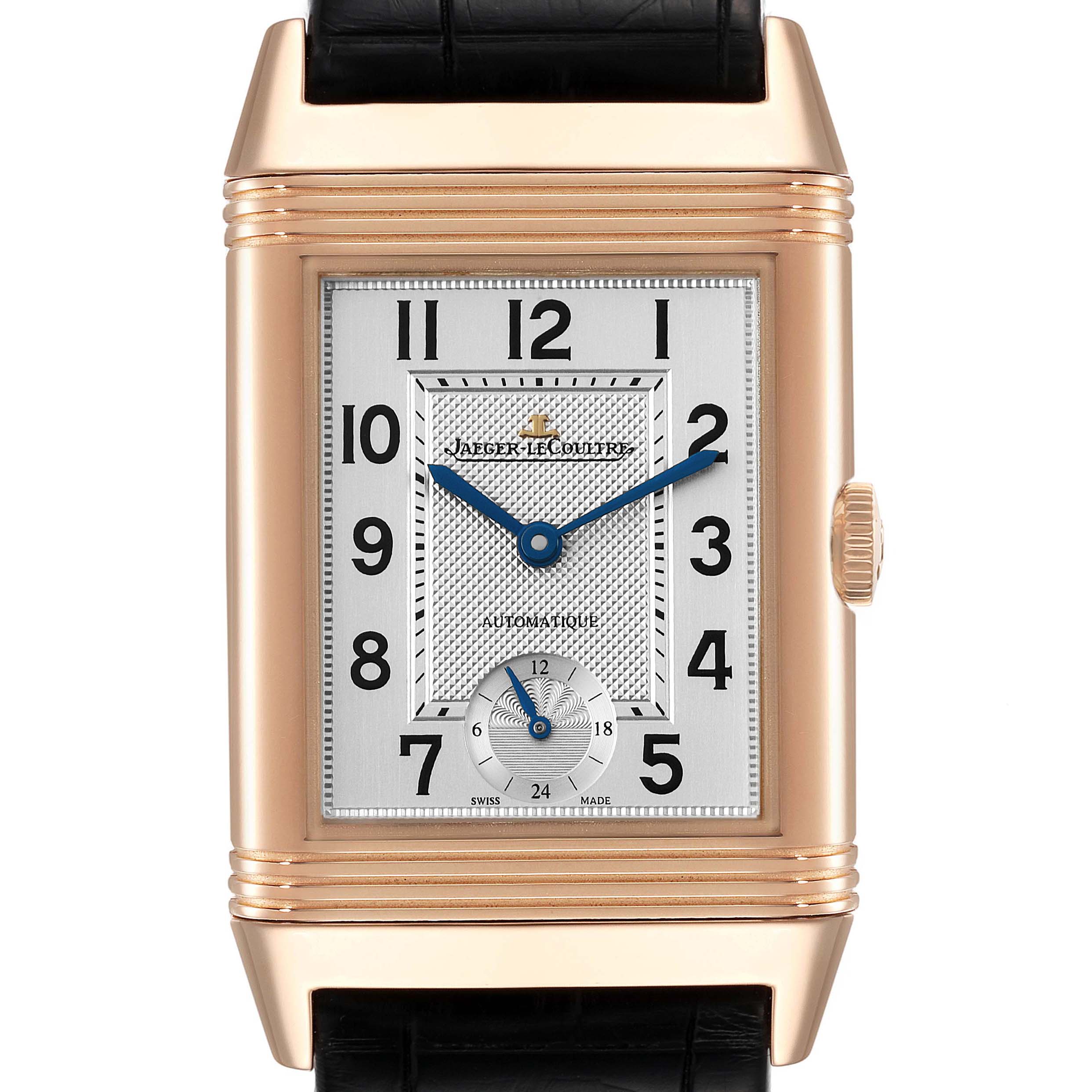 This image shows a front view of a Jaeger LeCoultre Reverso Q3802520 Men's Rose Gold Silver Dial Q3802520 Men's Rose Gold Silver Dial watch, highlighting its rectangular face, Arabic numerals, and sub-dial.