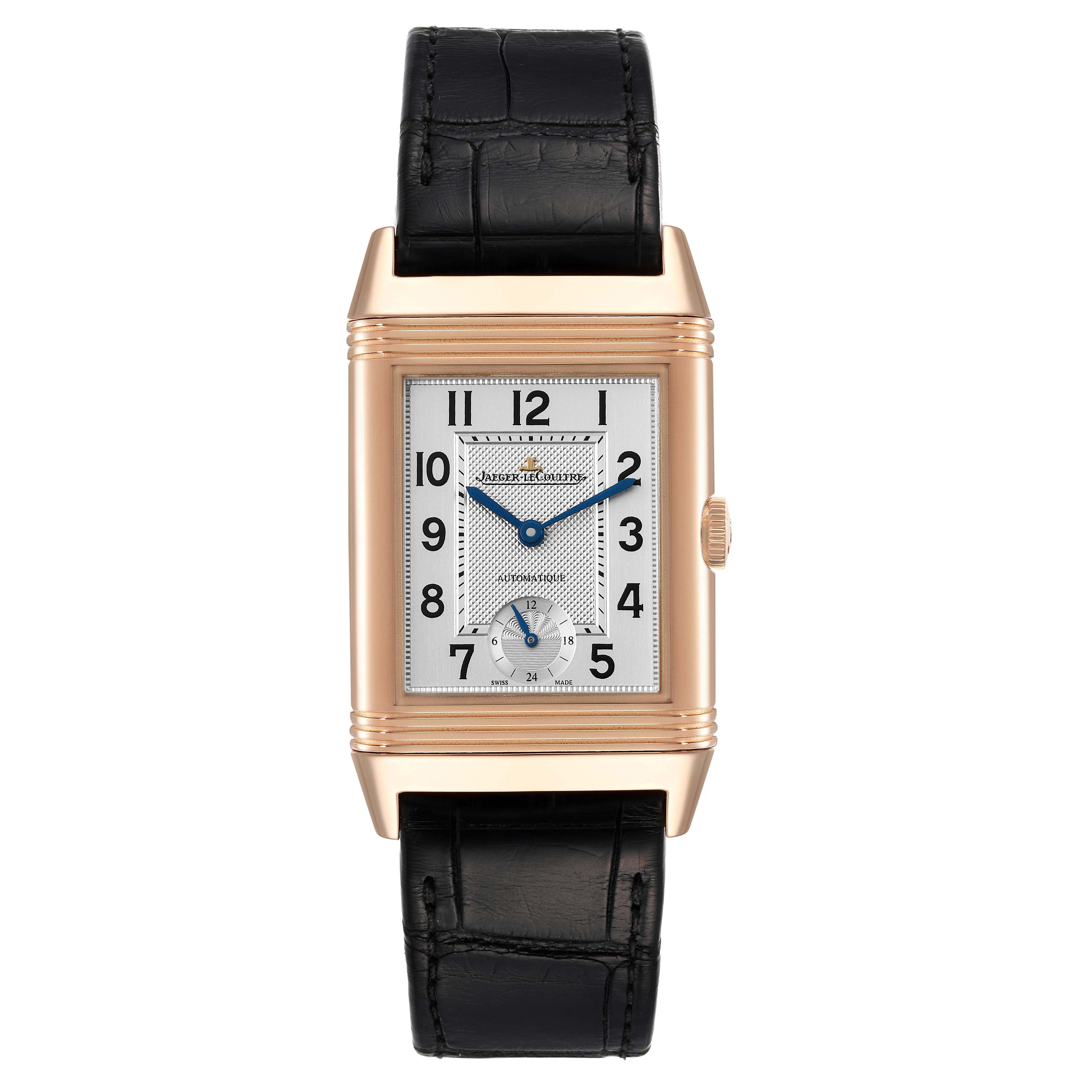 This is a front view of the Jaeger LeCoultre Reverso Q3802520 Men's Rose Gold Silver Dial Q3802520 Men's Rose Gold Silver Dial showing the dial, case, crown, and leather strap.
