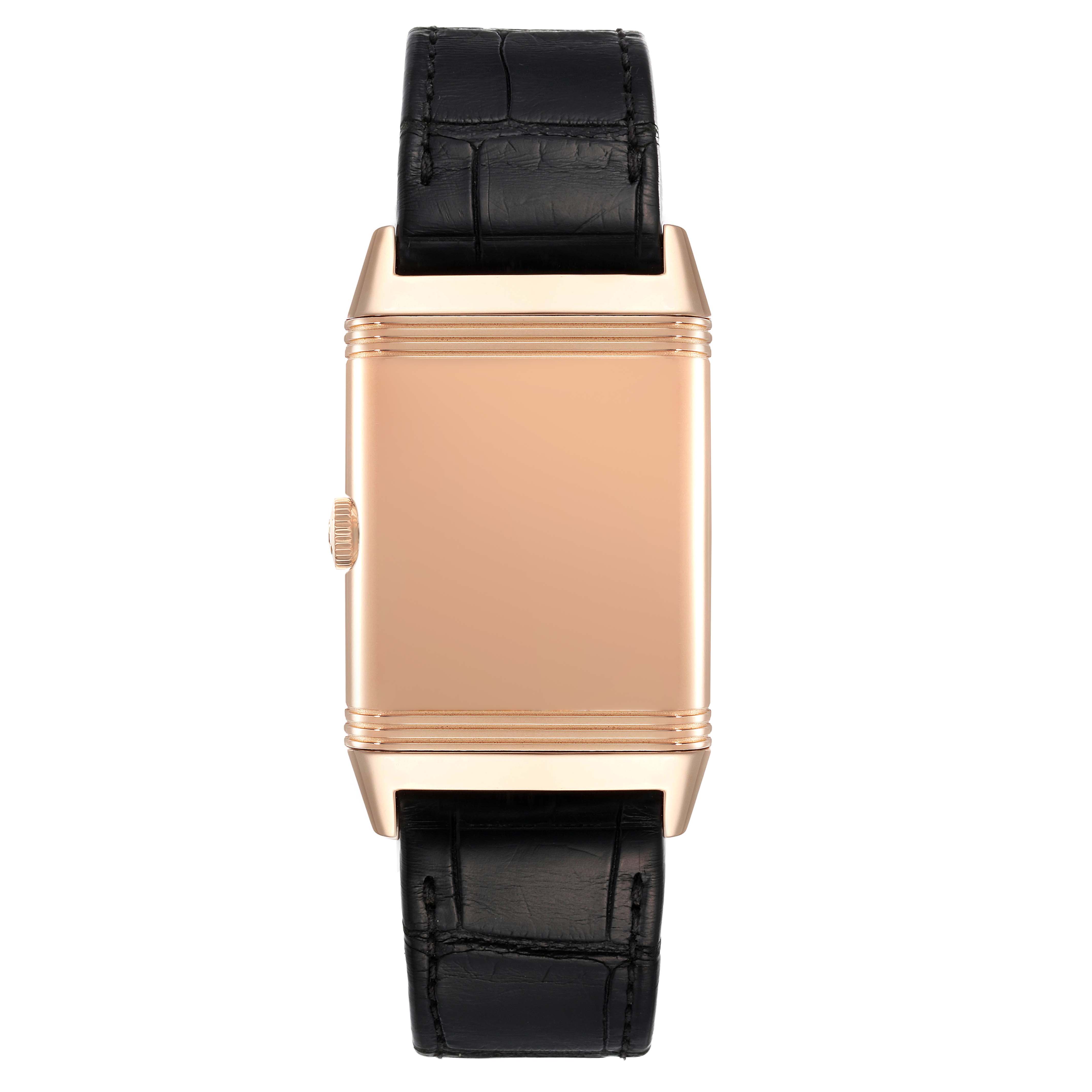 This image shows a frontal view of the Jaeger-LeCoultre Reverso watch, showcasing the case and black leather strap, with no visible dial.