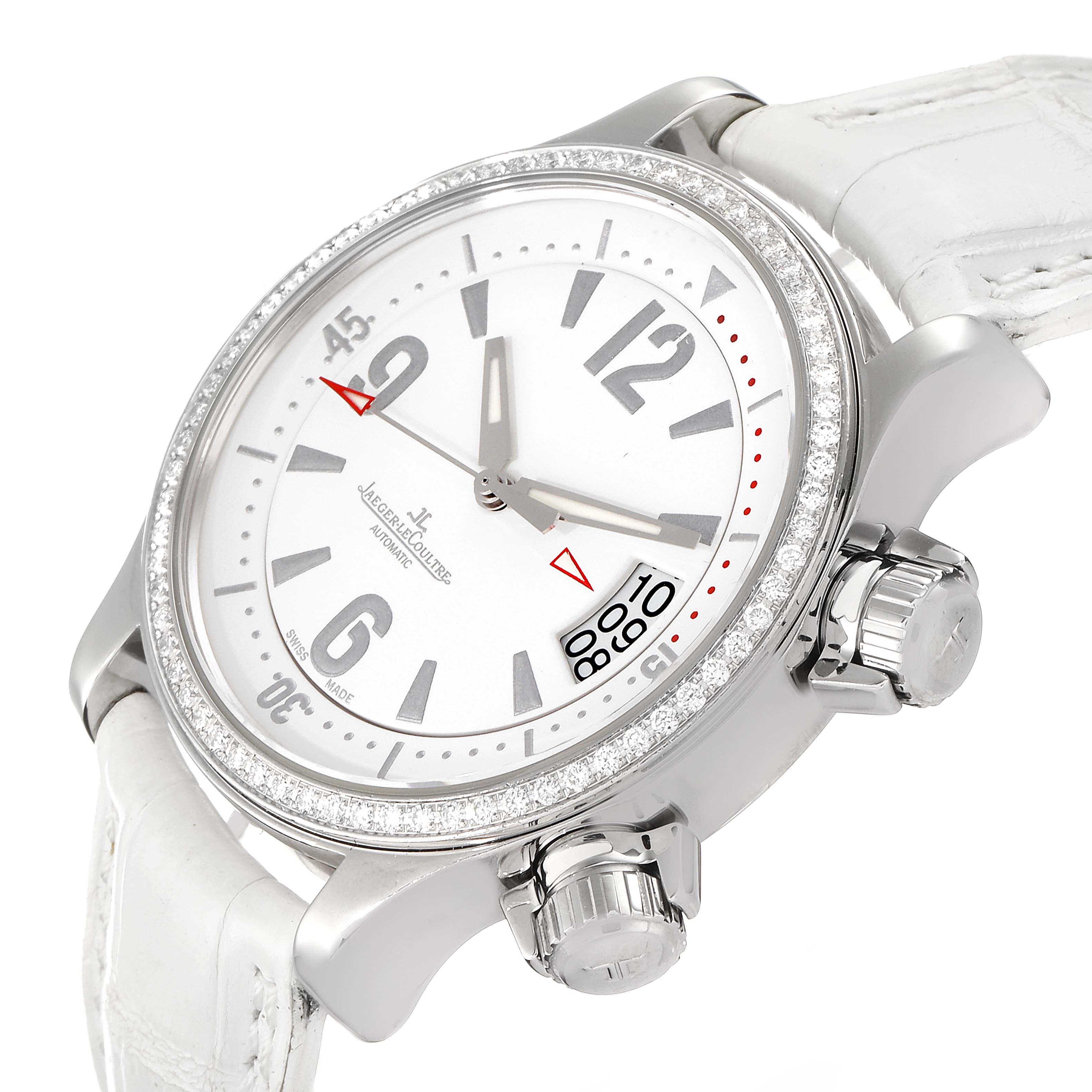 This image shows a Jaeger LeCoultre Master 148.8.60 Women
s Stainless Steel White Dial 148.8.60 Women
s Stainless Steel White Dial model watch from an angled front view, highlighting the dial, bezel, and crown.