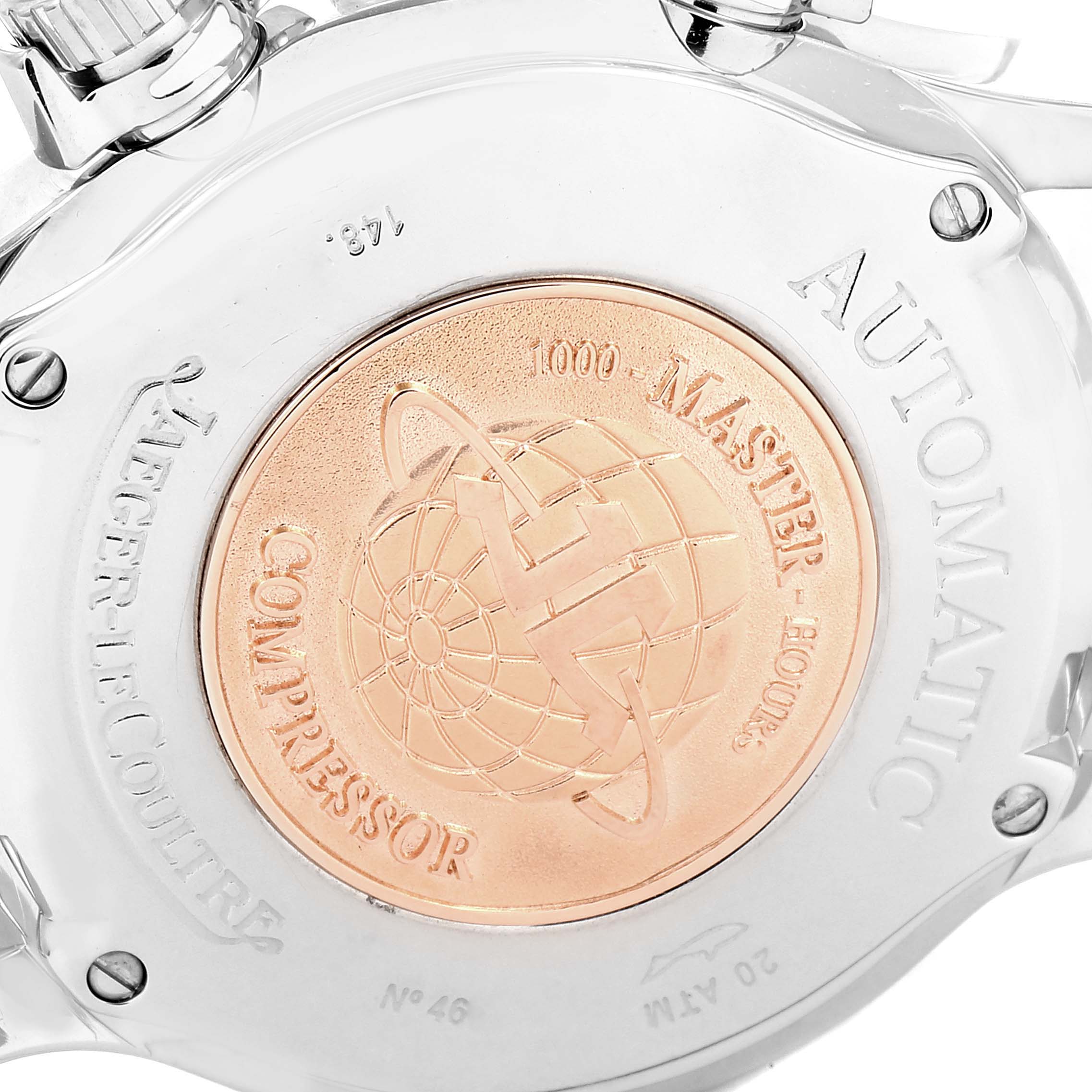 The image shows the back of a Jaeger LeCoultre Master 148.8.60 Women
s Stainless Steel White Dial 148.8.60 Women
s Stainless Steel White Dial Compressor watch, highlighting the engravings and logo on the case back.