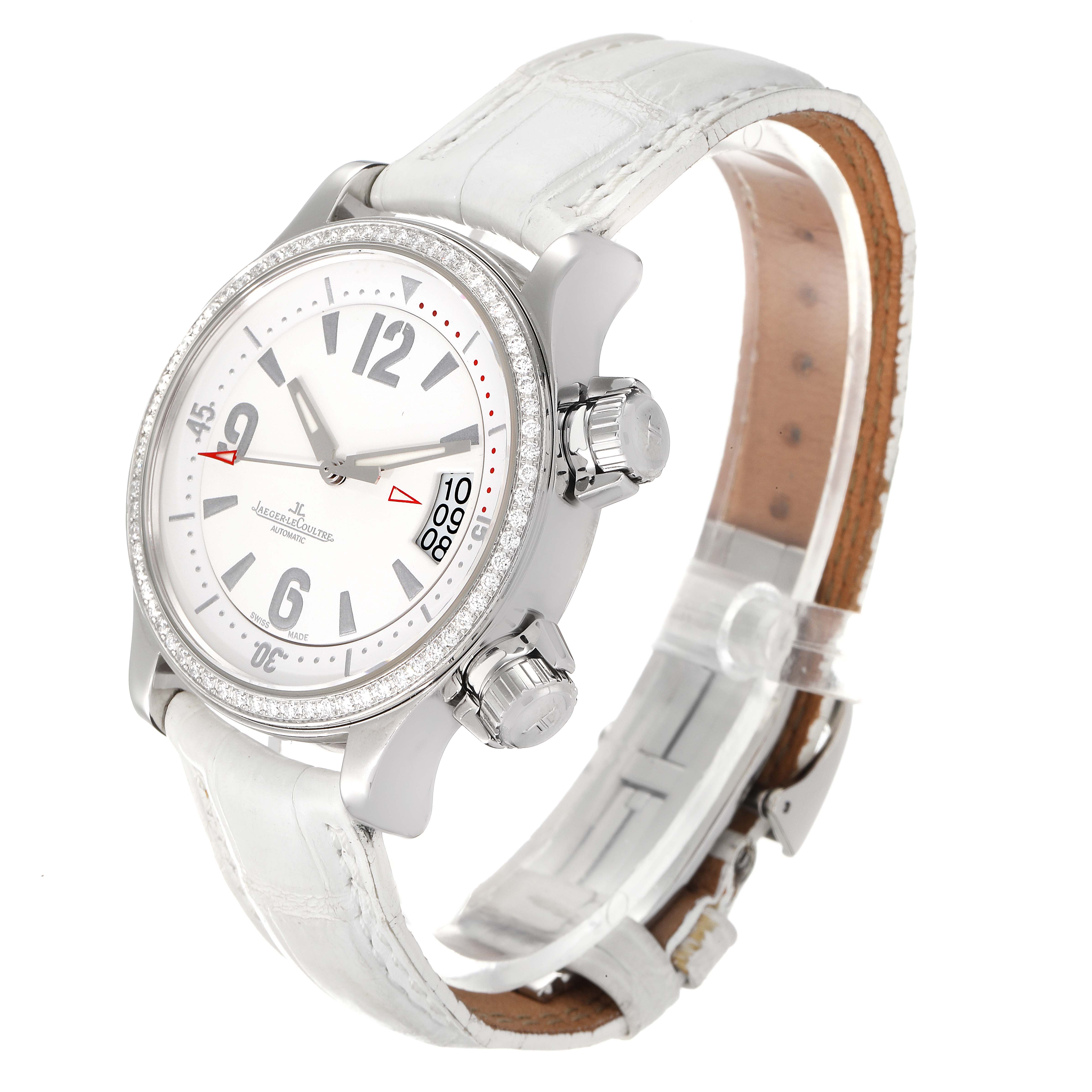 This image shows a Jaeger-LeCoultre Master model watch from a front-left angle, highlighting the dial, case, and white leather strap.