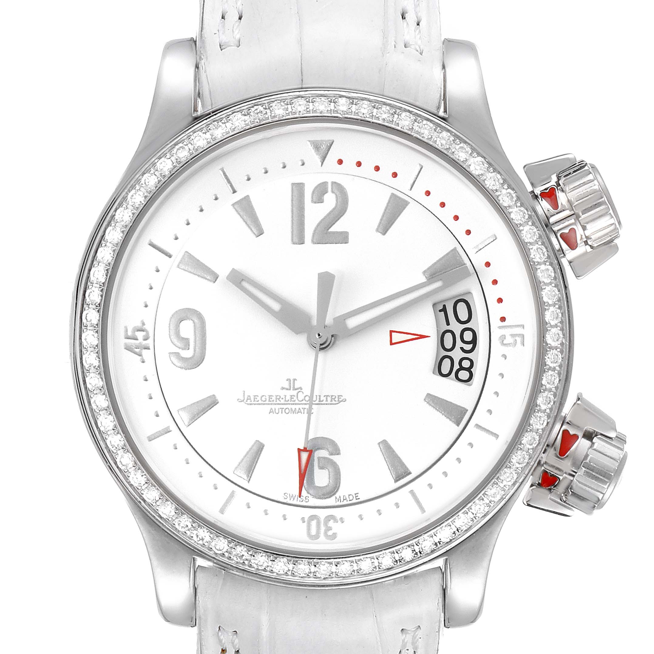 This image shows a frontal view of the dial and bezels of the Jaeger-LeCoultre Master model watch.