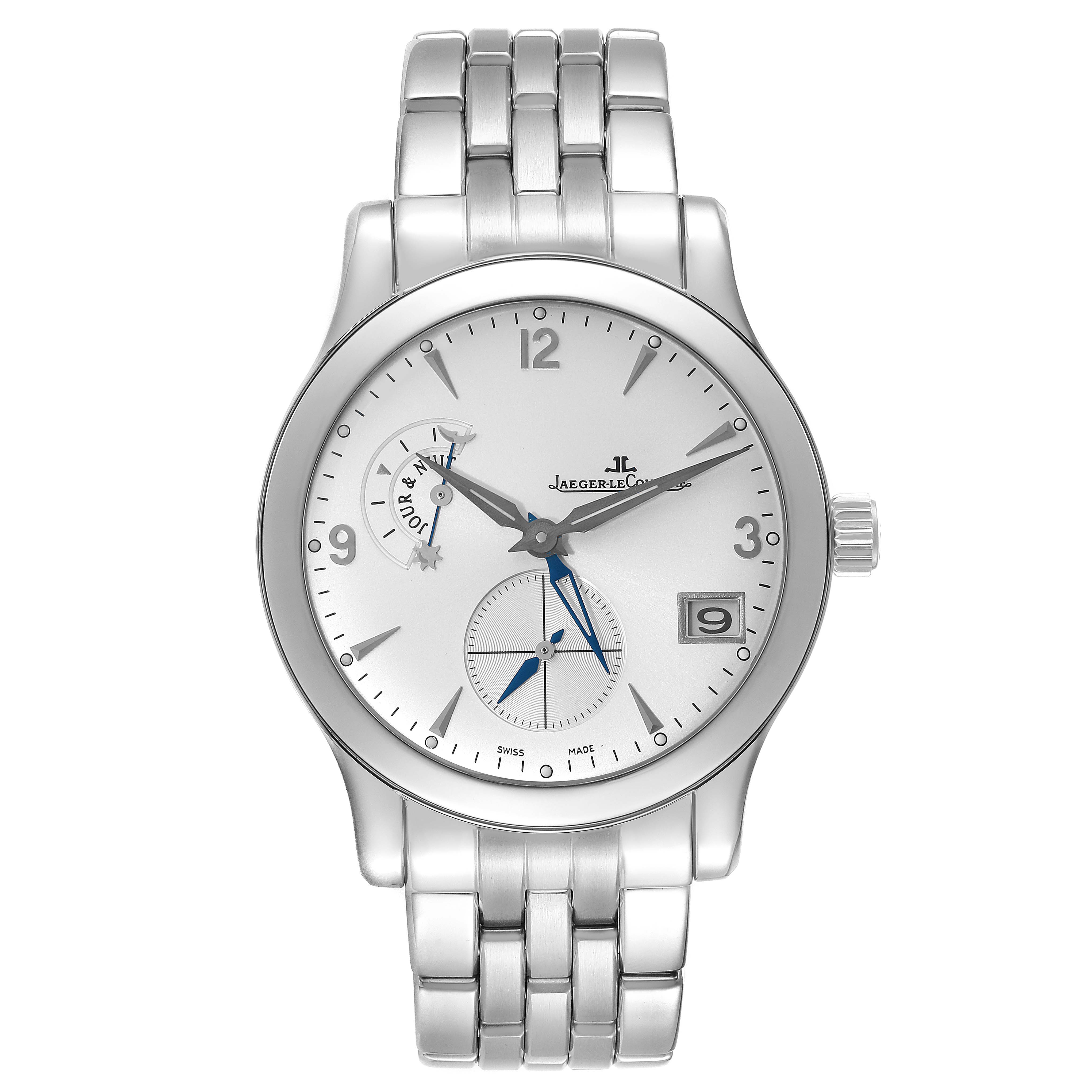 This is a front-facing view of the Jaeger LeCoultre Master Q1628420 Men's Stainless Steel Silver Dial Q1628420 Men's Stainless Steel Silver Dial watch, showing its dial, hands, date window, and metal bracelet.