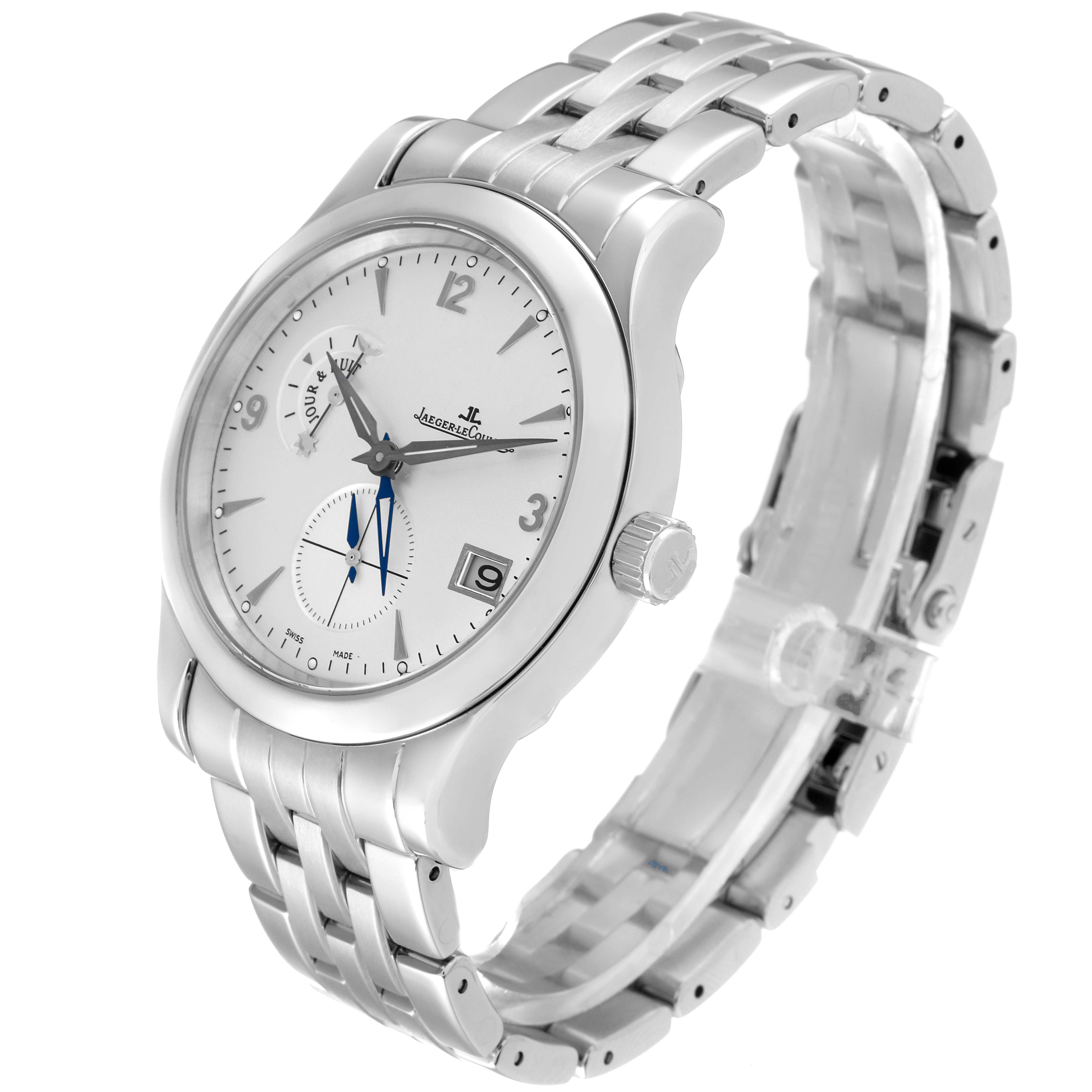 This image shows the Jaeger LeCoultre Master Q1628420 Men's Stainless Steel Silver Dial Q1628420 Men's Stainless Steel Silver Dial model watch from an oblique angle, highlighting the face, bezel, crown, and metal bracelet.