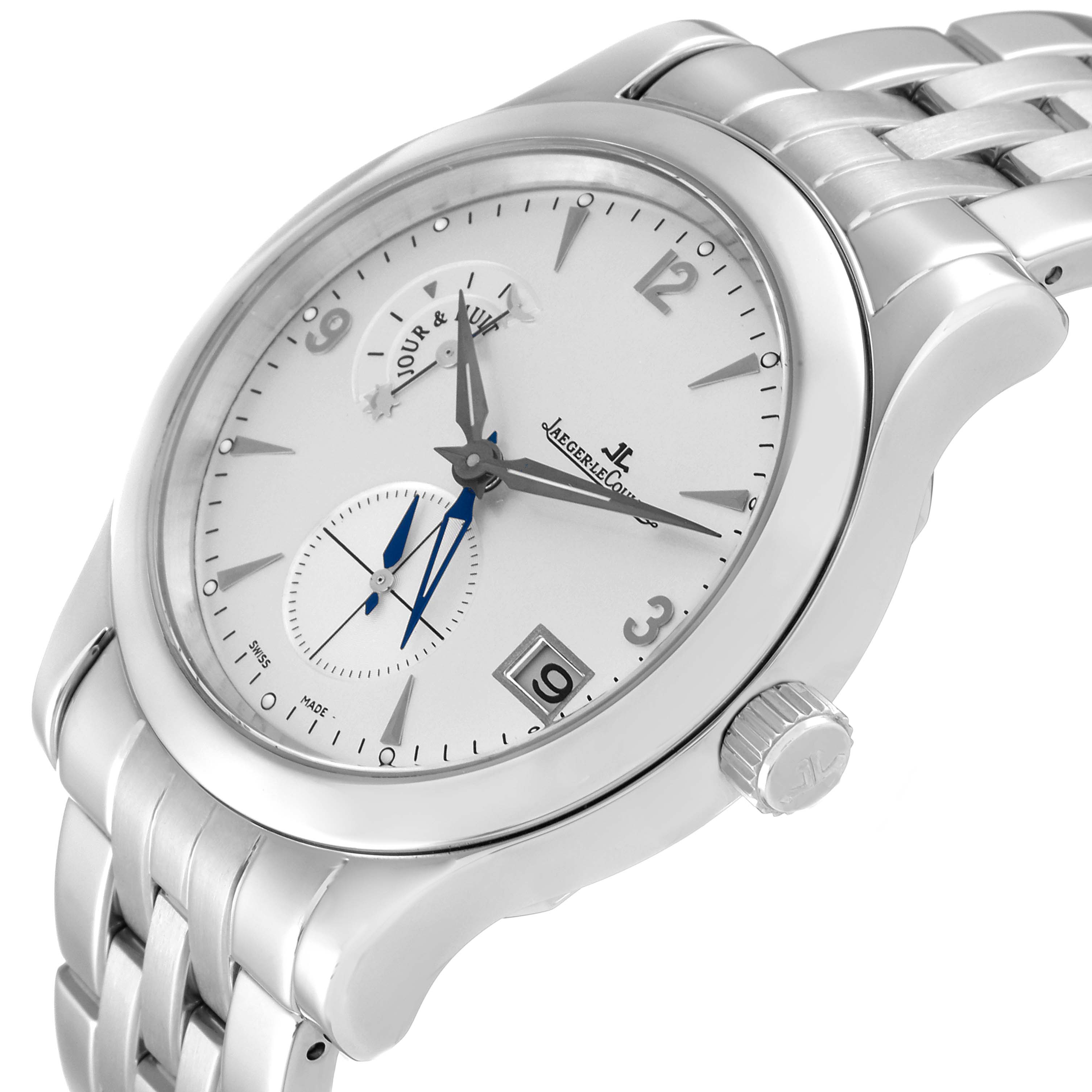 The Jaeger-LeCoultre Master model is shown from a three-quarter view, highlighting the dial, crown, and metal bracelet.