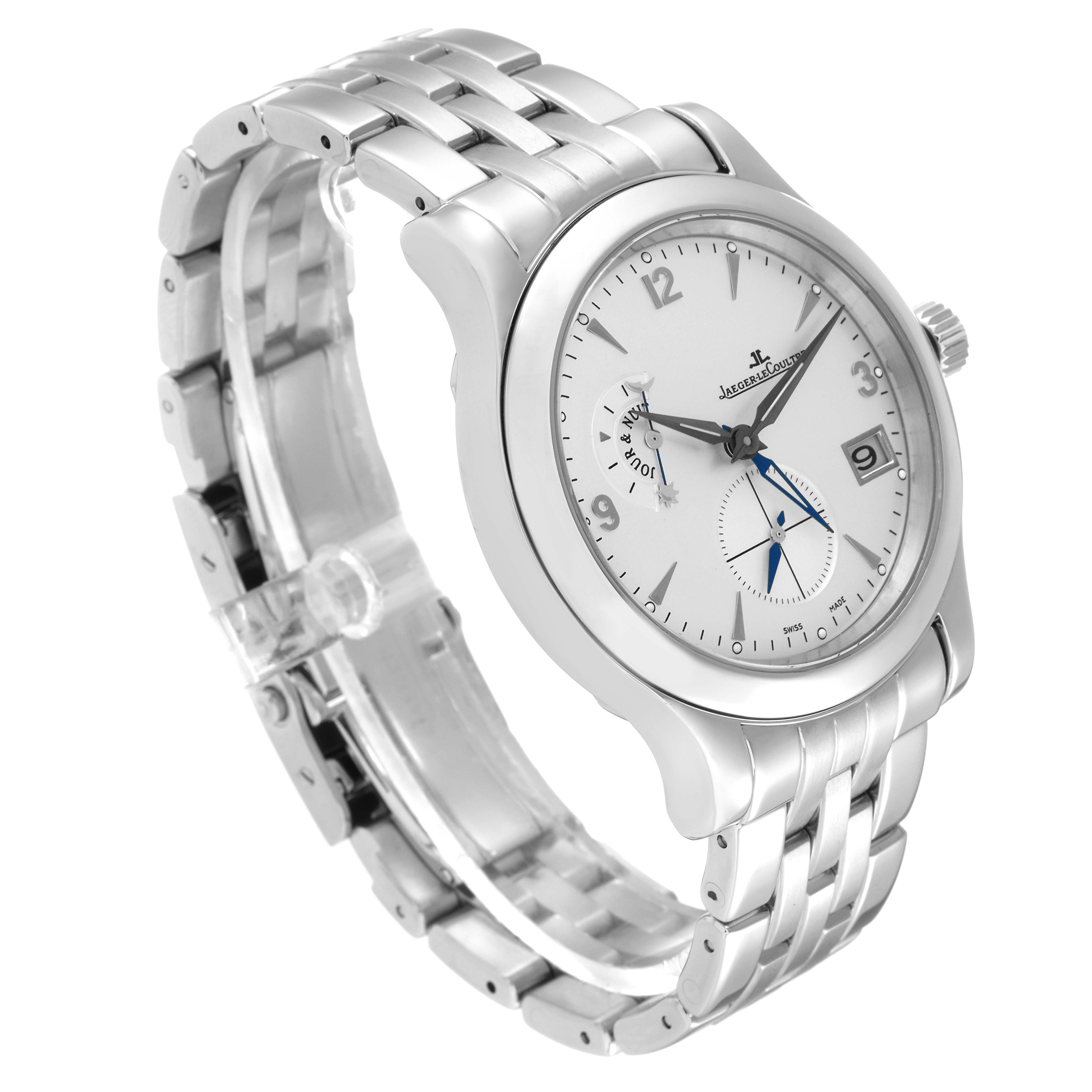 This image shows a Jaeger-LeCoultre Master model watch from an angled top view, highlighting its face, bracelet, and side crown.