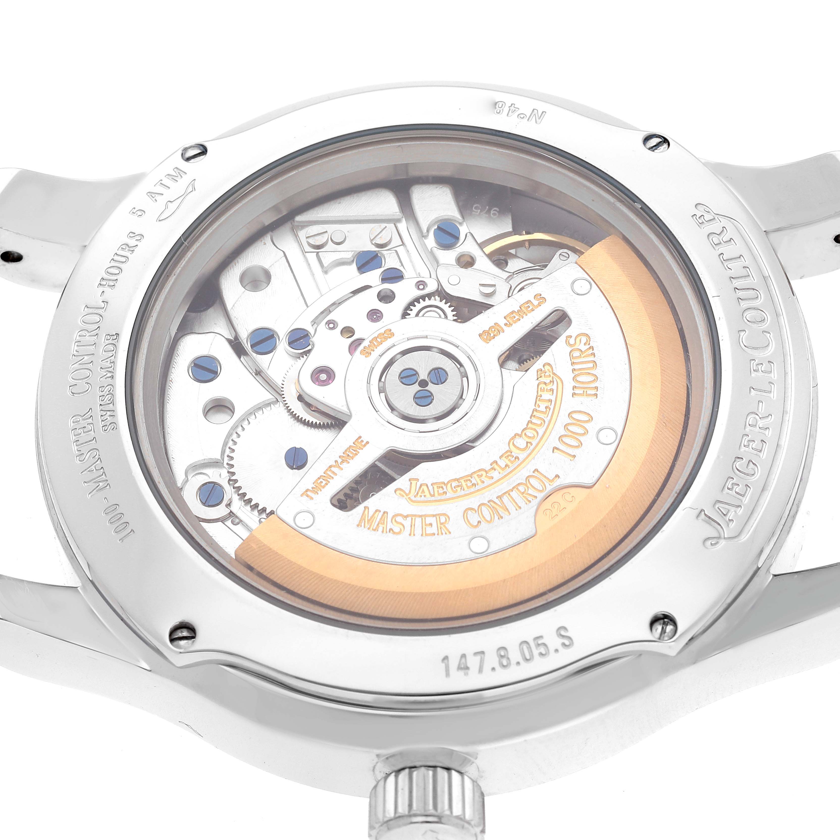 This image shows the case back of the Jaeger-LeCoultre Master model, highlighting its movement and engraved details.