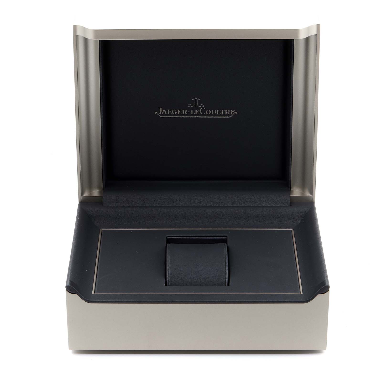 This image shows an open Jaeger-LeCoultre Reverso watch box from a front angle.