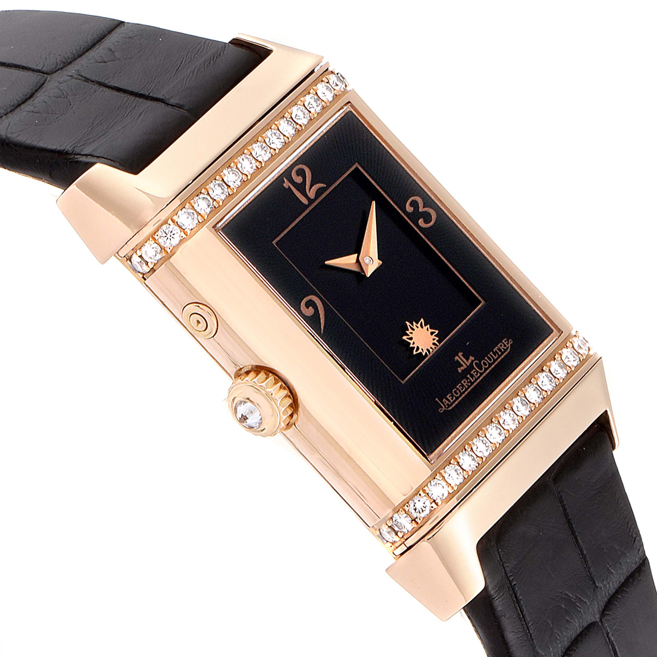 The image shows a close-up, angled view of the Jaeger LeCoultre Reverso Q2692420 Women's Rose Gold Silver Dial Q2692420 Women's Rose Gold Silver Dial watch, displaying its dial, crown, and strap.