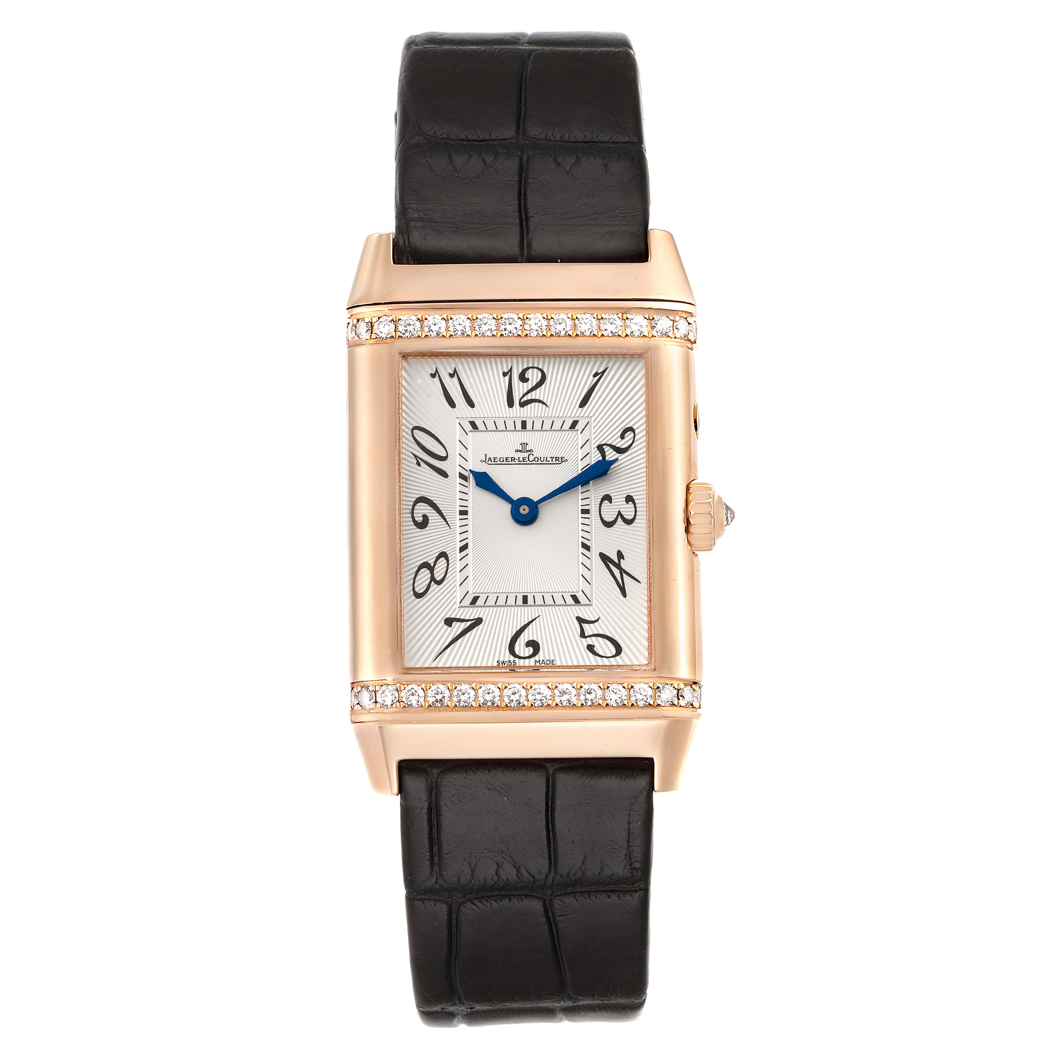 The image shows a front view of a Jaeger LeCoultre Reverso Q2692420 Women's Rose Gold Silver Dial Q2692420 Women's Rose Gold Silver Dial watch with a black strap, gold case, and diamond accents.