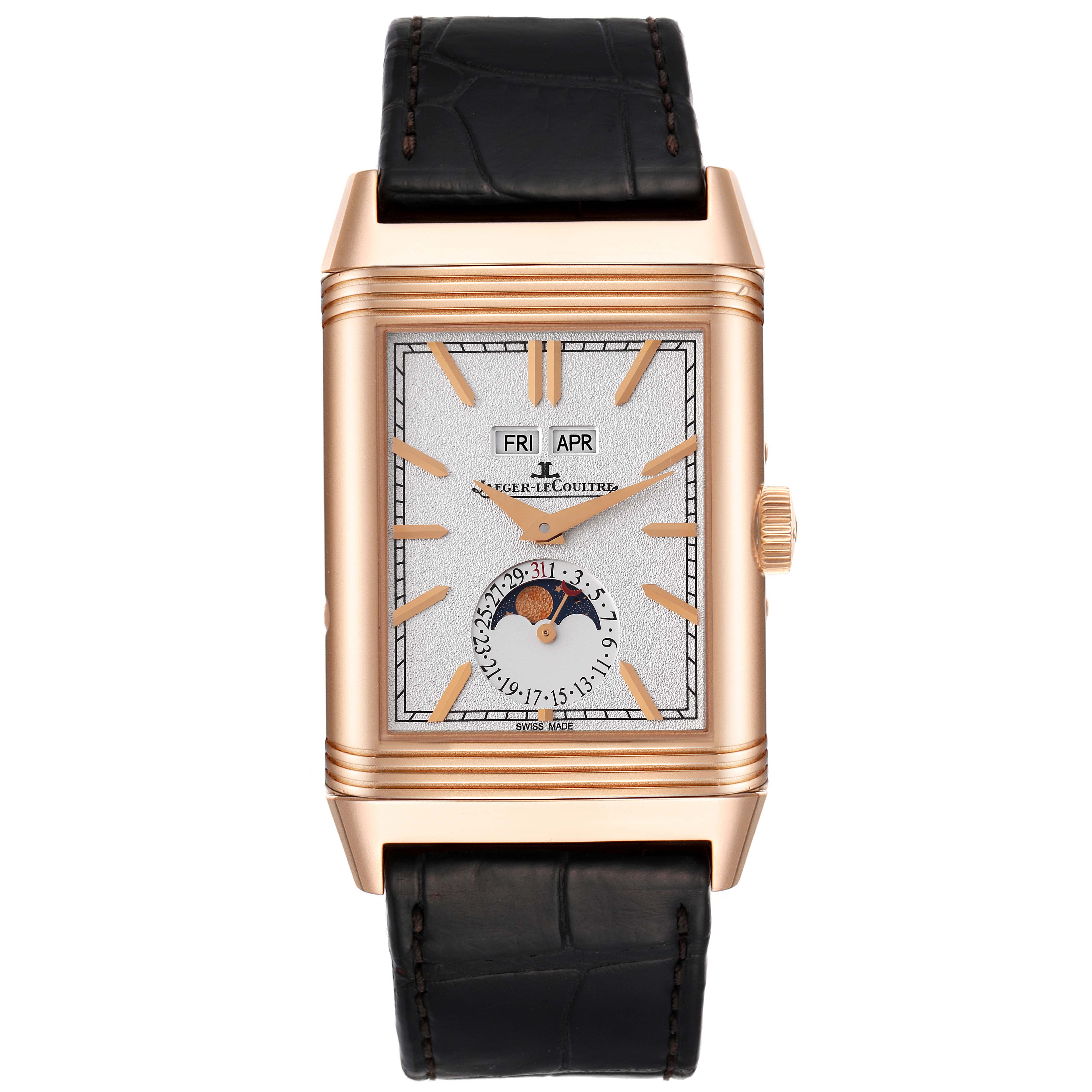 The image shows a front view of the Jaeger-LeCoultre Reverso watch, displaying the dial, hands, and parts of the strap.