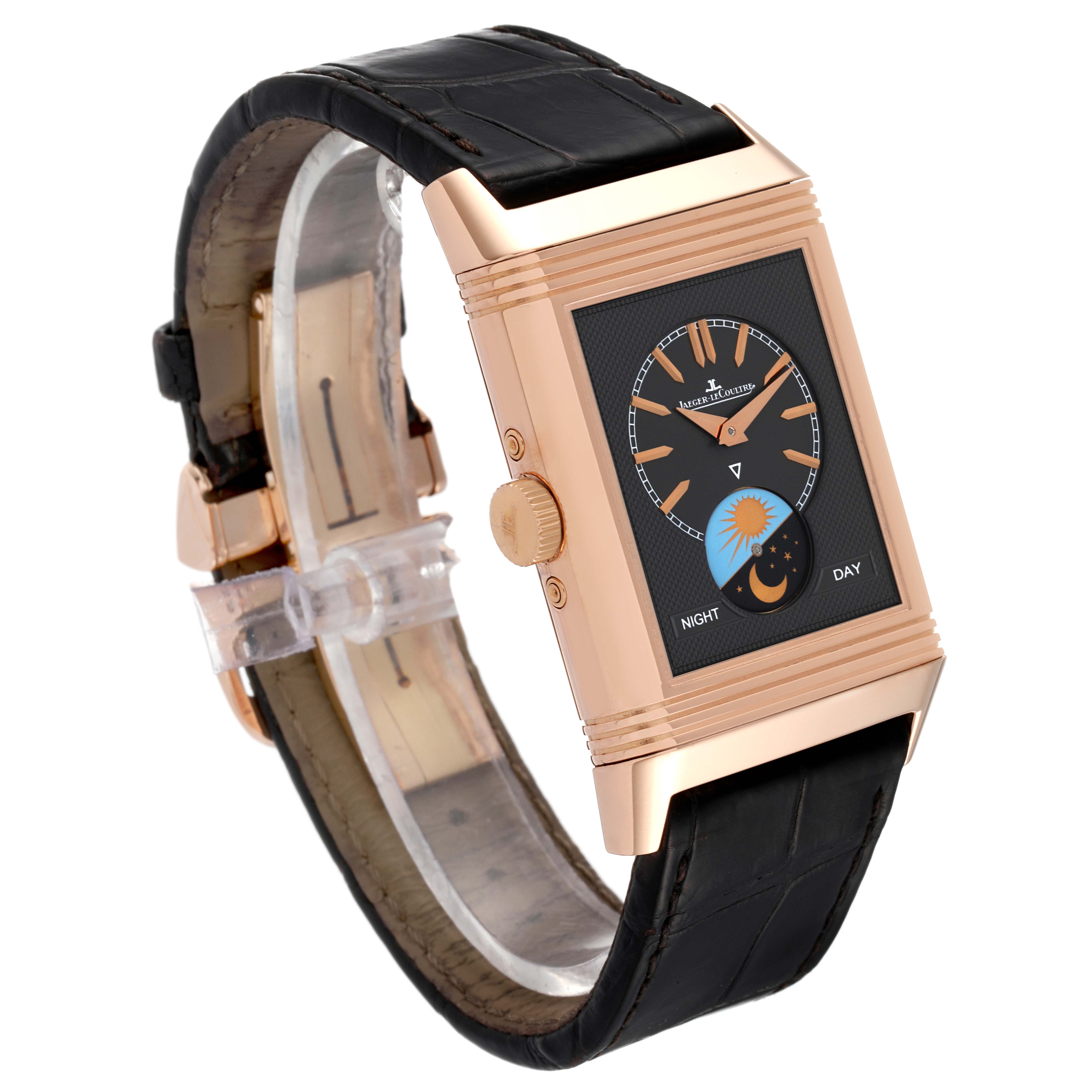 This is an angled side view of the Jaeger LeCoultre Reverso Q3912420 Men's Rose Gold Silver Dial Q3912420 Men's Rose Gold Silver Dial watch, showing the face, crown, and black leather strap.