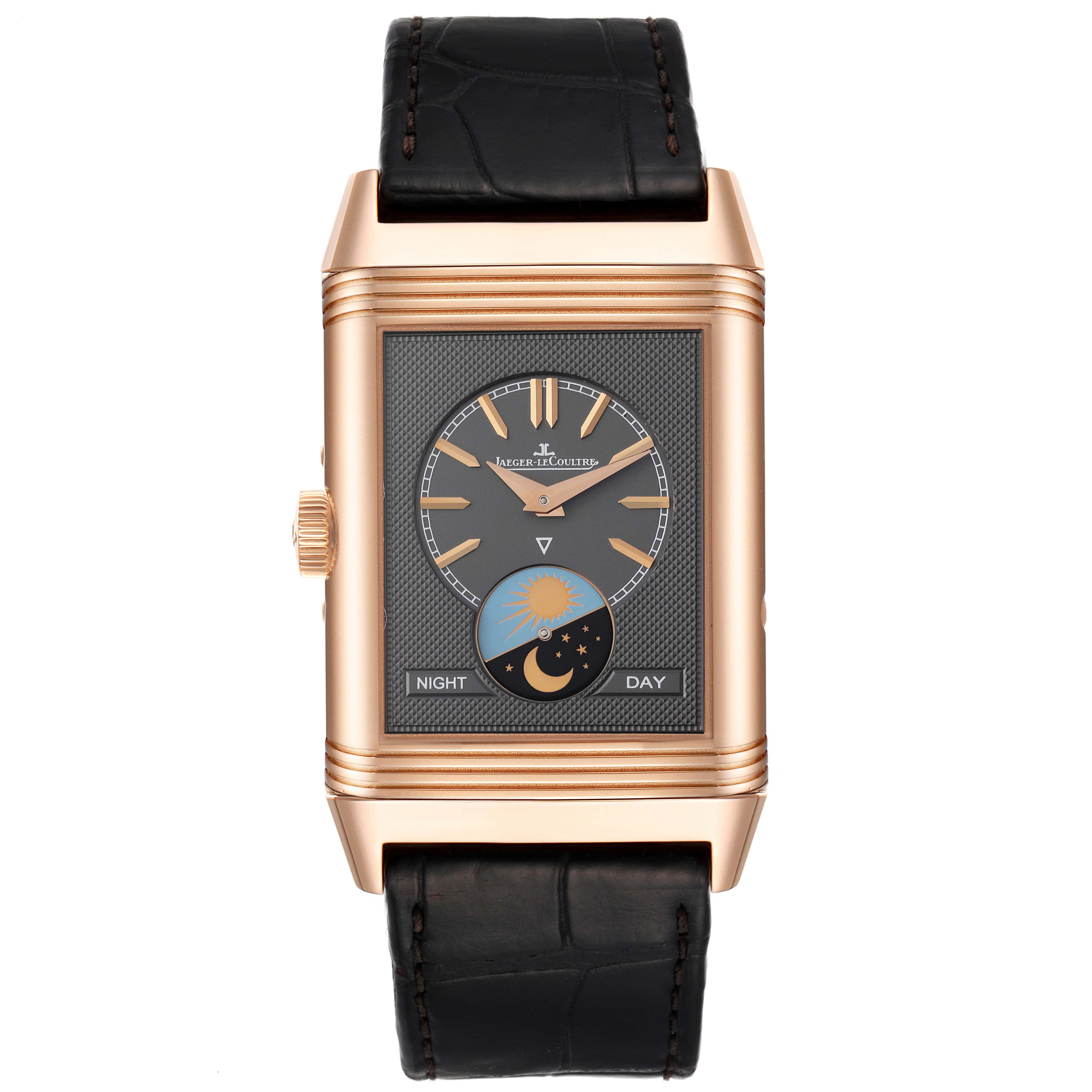 The image shows a front view of a Jaeger LeCoultre Reverso Q3912420 Men's Rose Gold Silver Dial Q3912420 Men's Rose Gold Silver Dial watch, highlighting the dial, night/day indicator, and black leather strap.