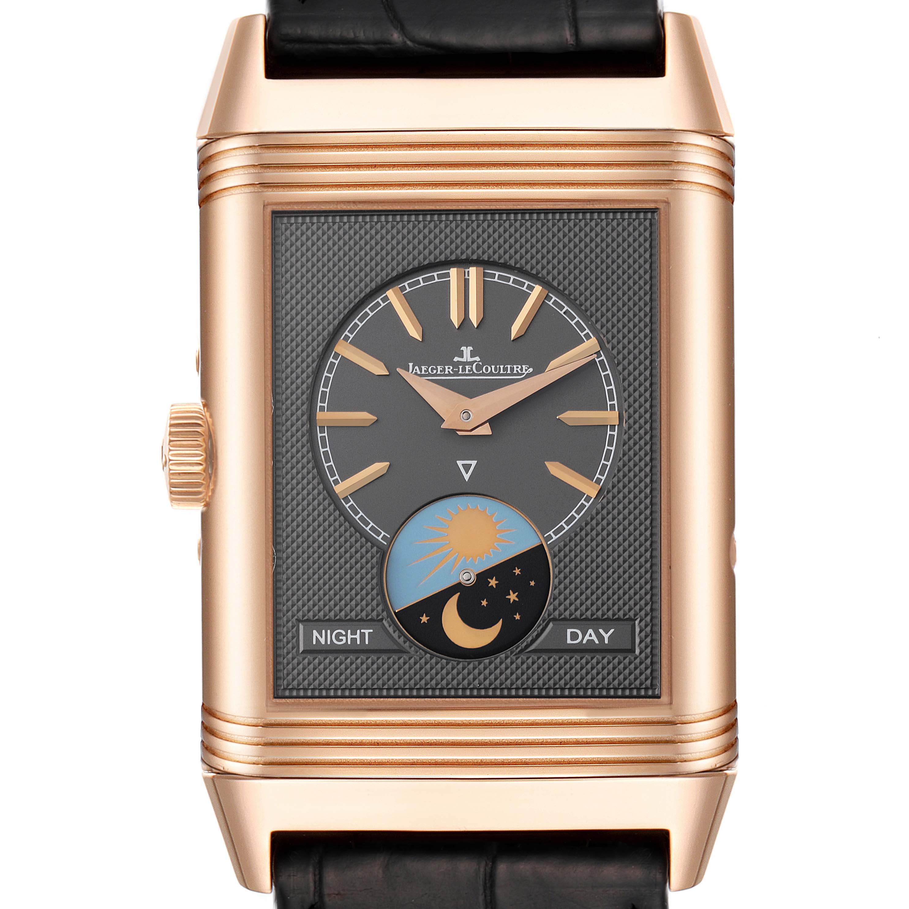 This image shows a front view of the Jaeger-LeCoultre Reverso watch, featuring the dial, hands, crown, and leather strap.