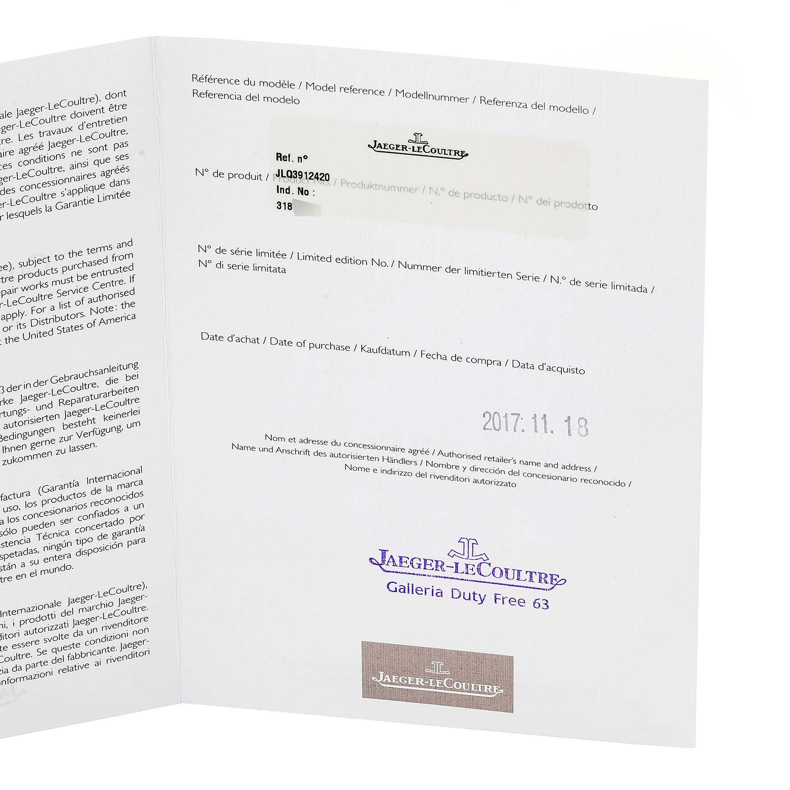 This is the guarantee card for the Jaeger LeCoultre Reverso Q3912420 Men's Rose Gold Silver Dial Q3912420 Men's Rose Gold Silver Dial model, displayed at an angle, showing reference and purchase details.