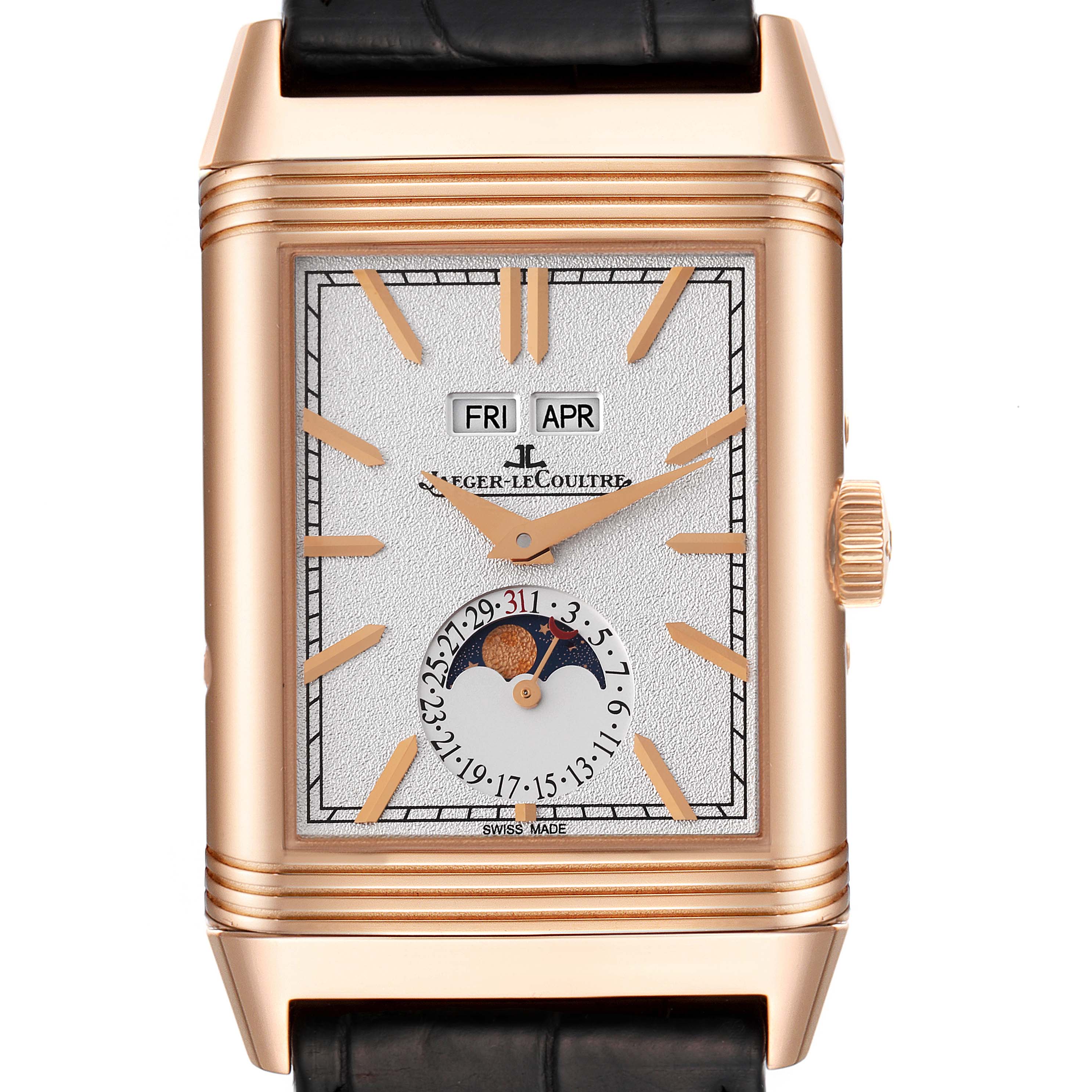 The image shows a frontal view of the Jaeger LeCoultre Reverso Q3912420 Men's Rose Gold Silver Dial Q3912420 Men's Rose Gold Silver Dial watch, featuring a gold case, date, and moon phase complications.
