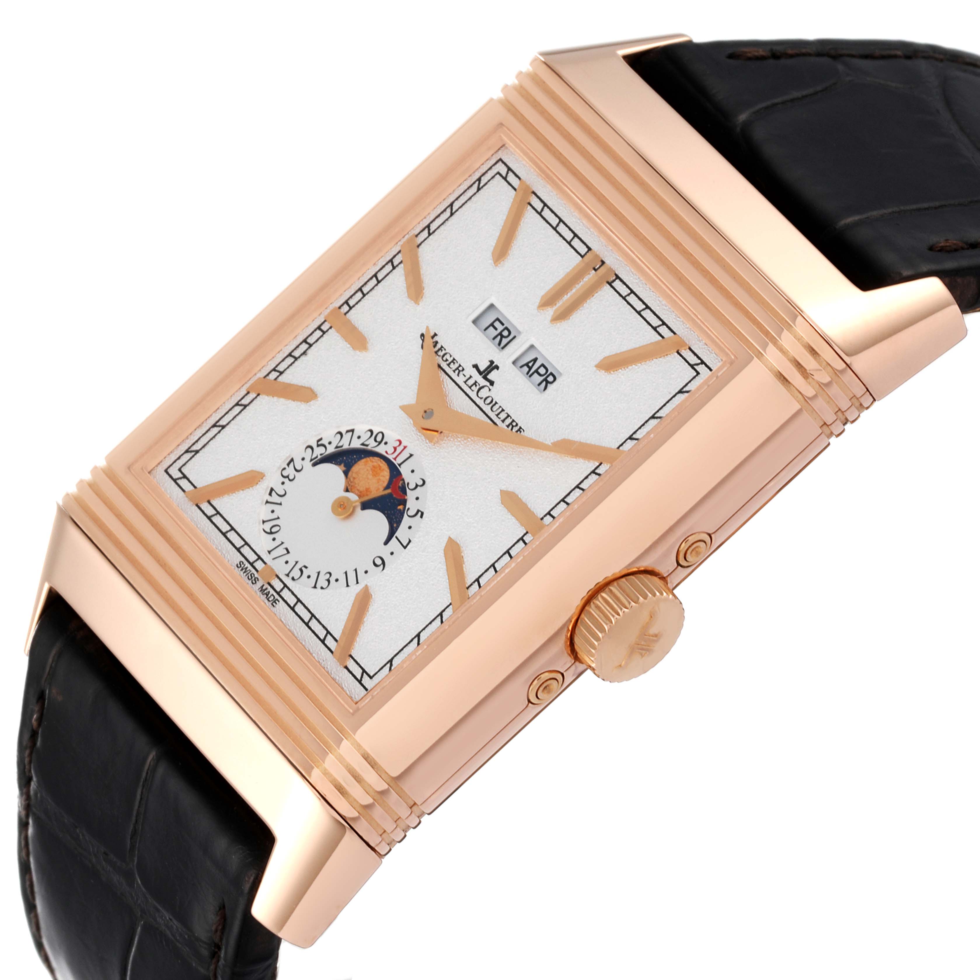 The image shows a side angle of a Jaeger-LeCoultre Reverso watch, highlighting its rectangular dial, crown, and leather strap.