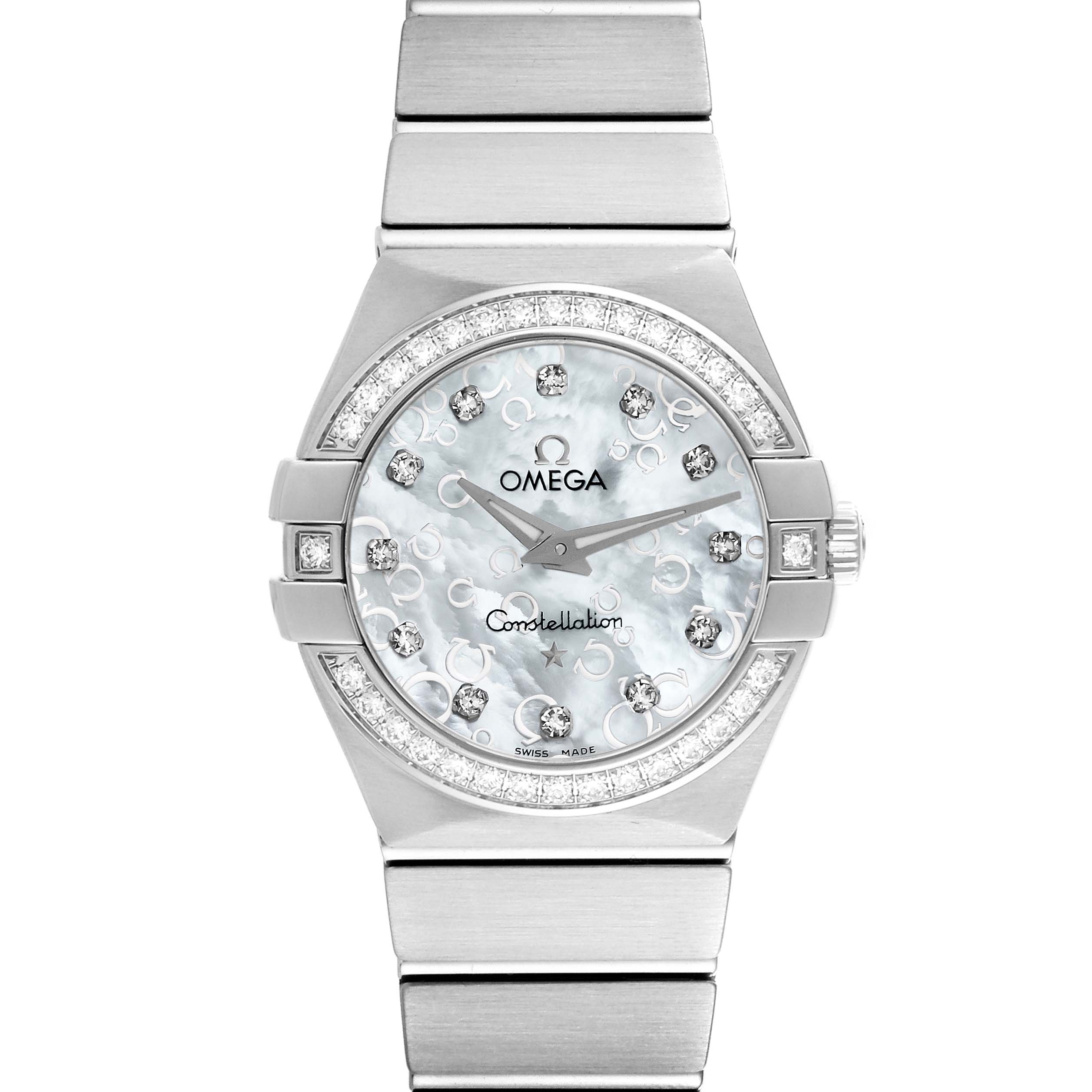 The image shows a frontal view of the Omega 123.15.27.60.55.006 Women's Stainless Steel Mother of Pearl Dial 123.15.27.60.55.006 Women's Stainless Steel Mother of Pearl Dial Constellation Quartz 27 MOP Diamond Watch model 123.15.27.60.55.006.