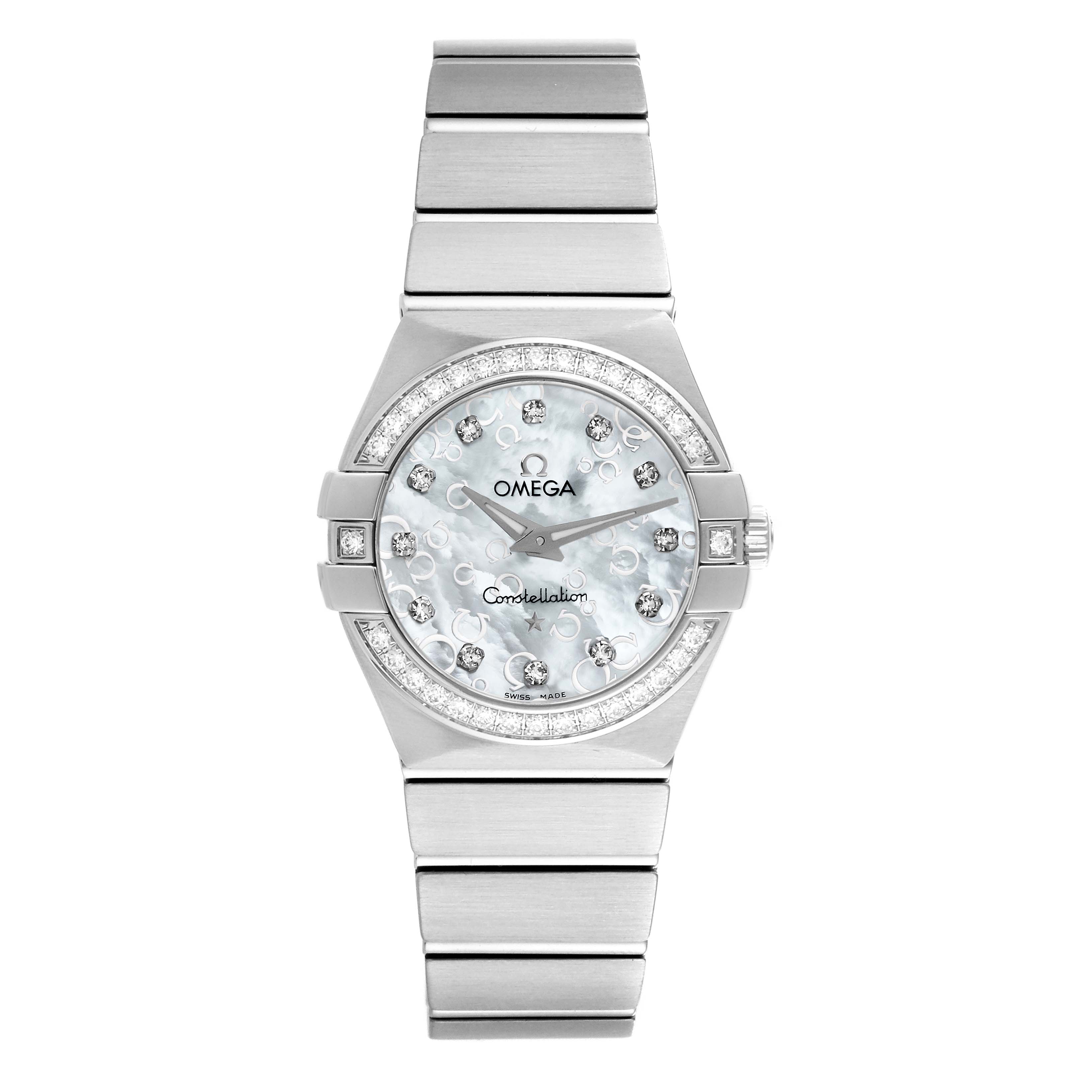 The image shows a front view of the Omega 123.15.27.60.55.006 Women's Stainless Steel Mother of Pearl Dial 123.15.27.60.55.006 Women's Stainless Steel Mother of Pearl Dial Constellation Quartz 27 MOP Diamond Watch 123.15.27.60.55.006, highlighting the face and bracelet.