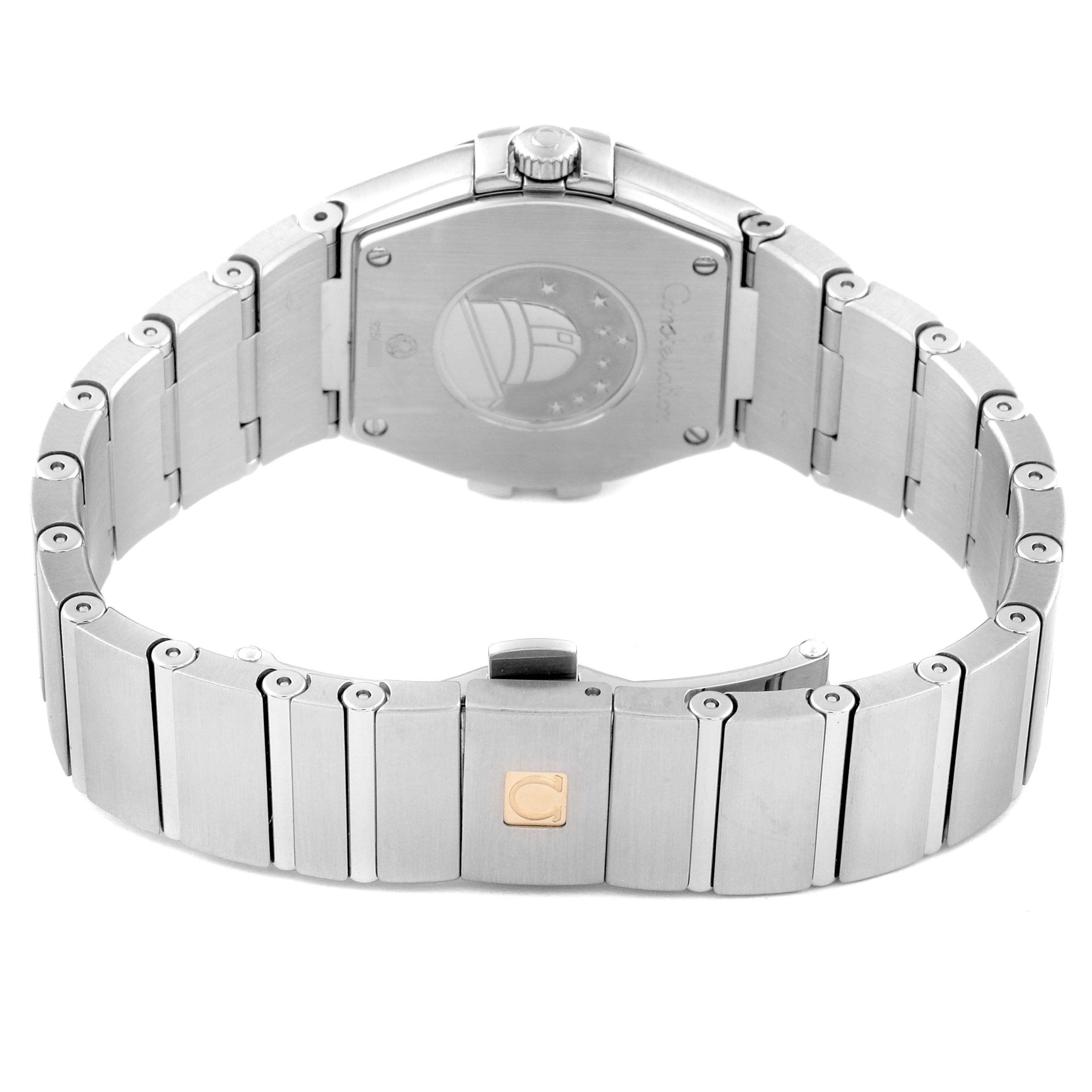 The image shows the back view of the Omega 123.15.27.60.55.006 Women's Stainless Steel Mother of Pearl Dial 123.15.27.60.55.006 Women's Stainless Steel Mother of Pearl Dial Constellation Quartz 27 MOP Diamond Watch 123.15.27.60.55.006, featuring its bracelet and clasp.
