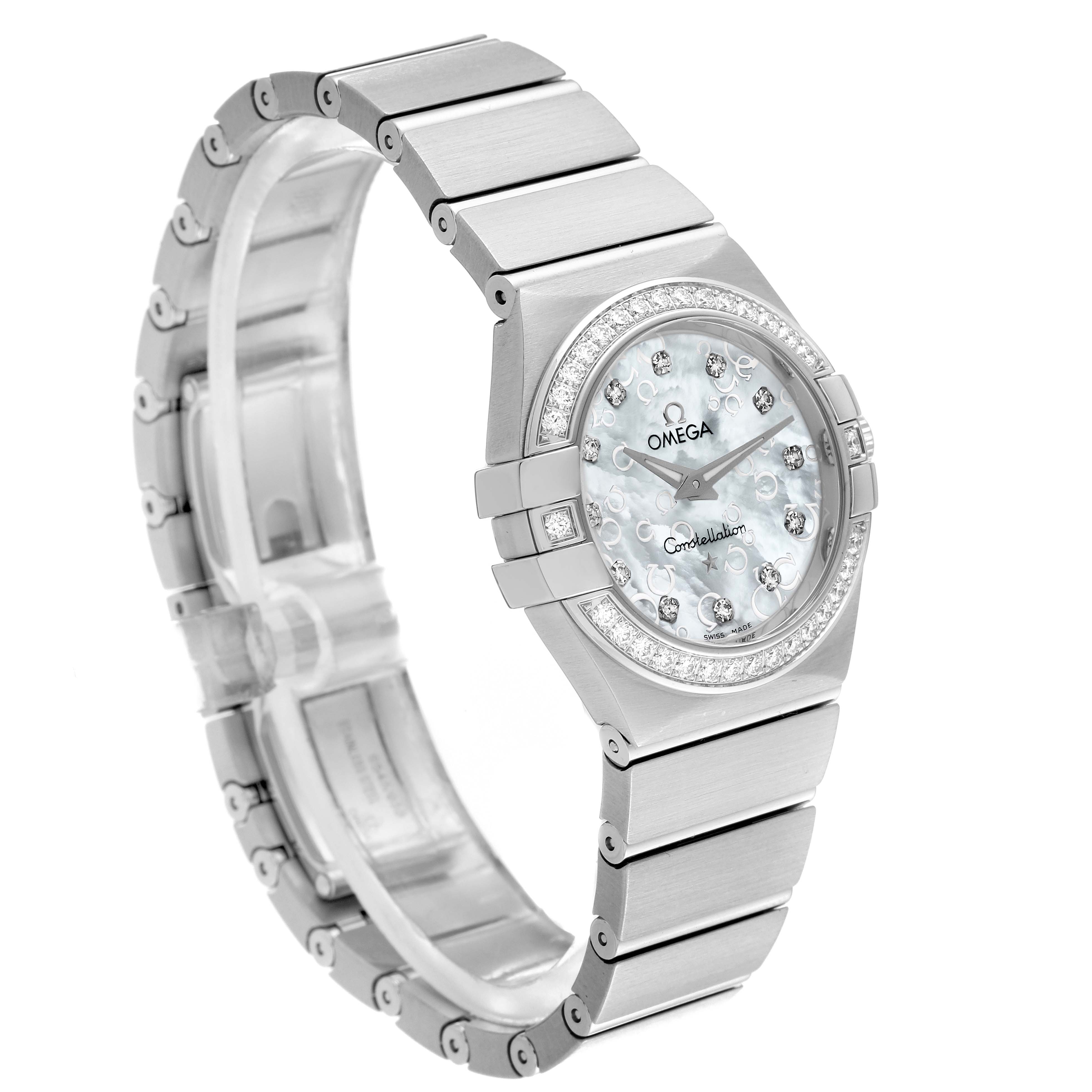 The Omega 123.15.27.60.55.006 Women's Stainless Steel Mother of Pearl Dial 123.15.27.60.55.006 Women's Stainless Steel Mother of Pearl Dial Constellation Quartz 27 MOP Diamond Watch 123.15.27.60.55.006 is shown at a side angle, highlighting the face, bracelet, and diamond-set bezel.