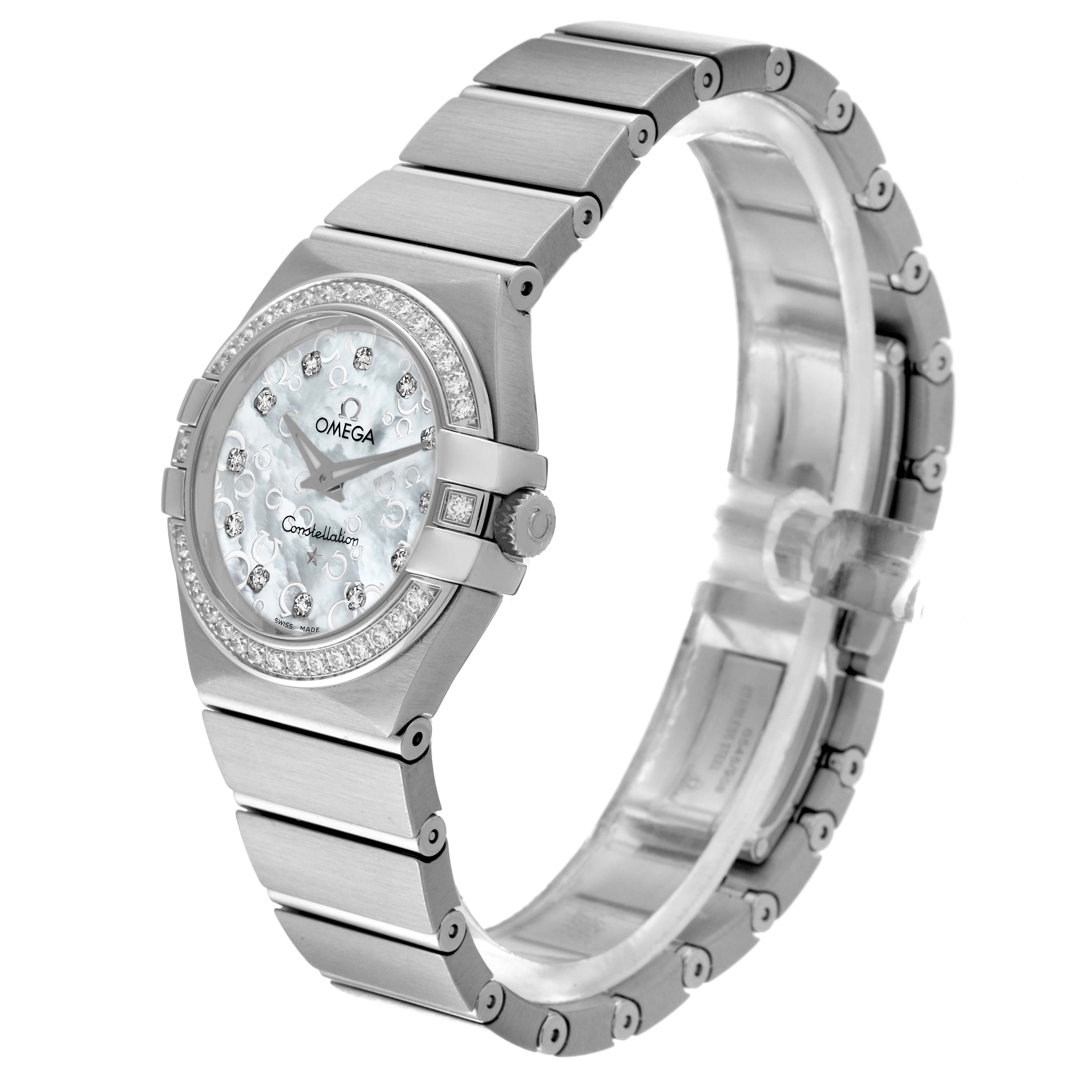 The image shows an angled view of the Omega 123.15.27.60.55.006 Women's Stainless Steel Mother of Pearl Dial 123.15.27.60.55.006 Women's Stainless Steel Mother of Pearl Dial Constellation Quartz 27 MOP Diamond Watch 123.15.27.60.55.006, displaying the face, case, and bracelet.
