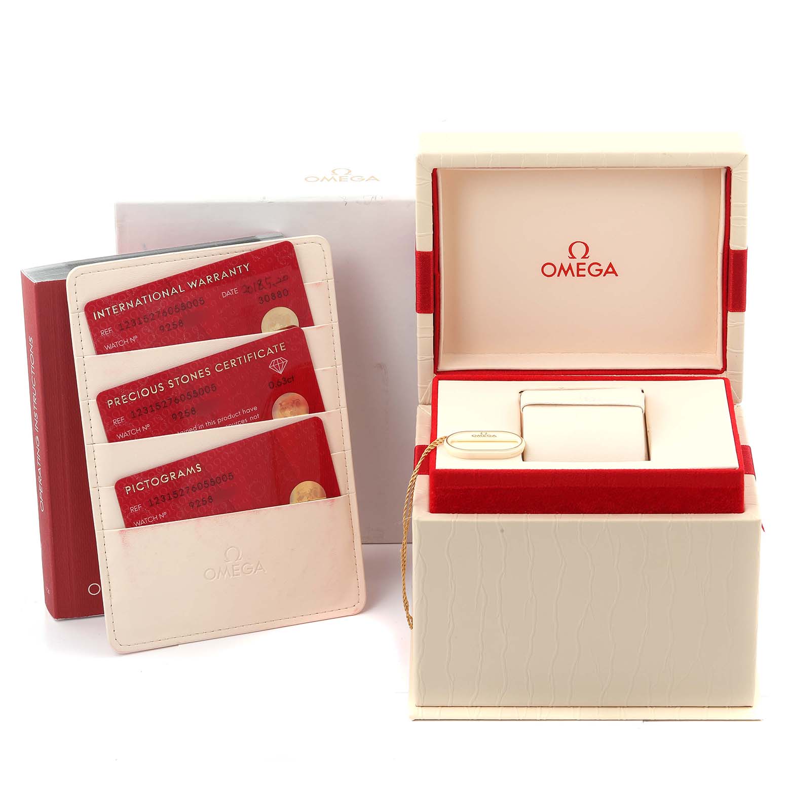 The image shows the box, warranty card, and accessories of the Omega 123.15.27.60.55.006 Women's Stainless Steel Mother of Pearl Dial 123.15.27.60.55.006 Women's Stainless Steel Mother of Pearl Dial Constellation Quartz 27 MOP Diamond Watch 123.15.27.60.55.006.