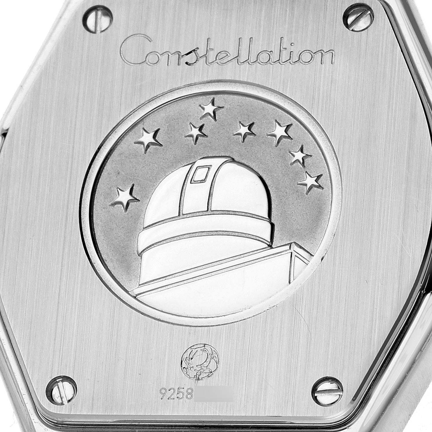 This image shows the case back of the Omega 123.15.27.60.55.006 Women's Stainless Steel Mother of Pearl Dial 123.15.27.60.55.006 Women's Stainless Steel Mother of Pearl Dial Constellation Quartz 27 MOP Diamond Watch 123.15.27.60.55.006 with its engraved observatory logo.