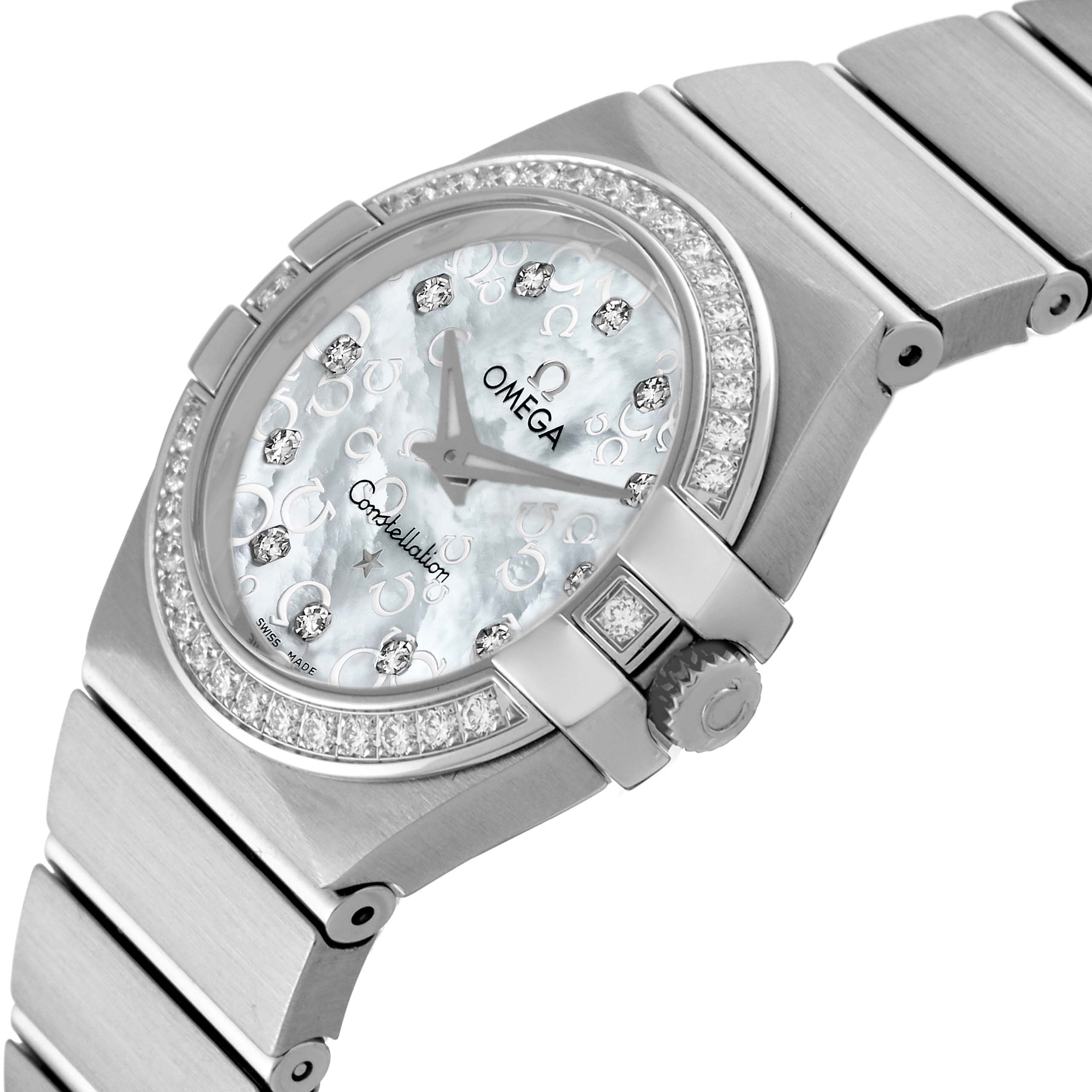 The image shows a side-angle view of the Omega 123.15.27.60.55.006 Women's Stainless Steel Mother of Pearl Dial 123.15.27.60.55.006 Women's Stainless Steel Mother of Pearl Dial Constellation Quartz 27 MOP Diamond Watch 123.15.27.60.55.006, highlighting its diamond-studded bezel and bracelet.