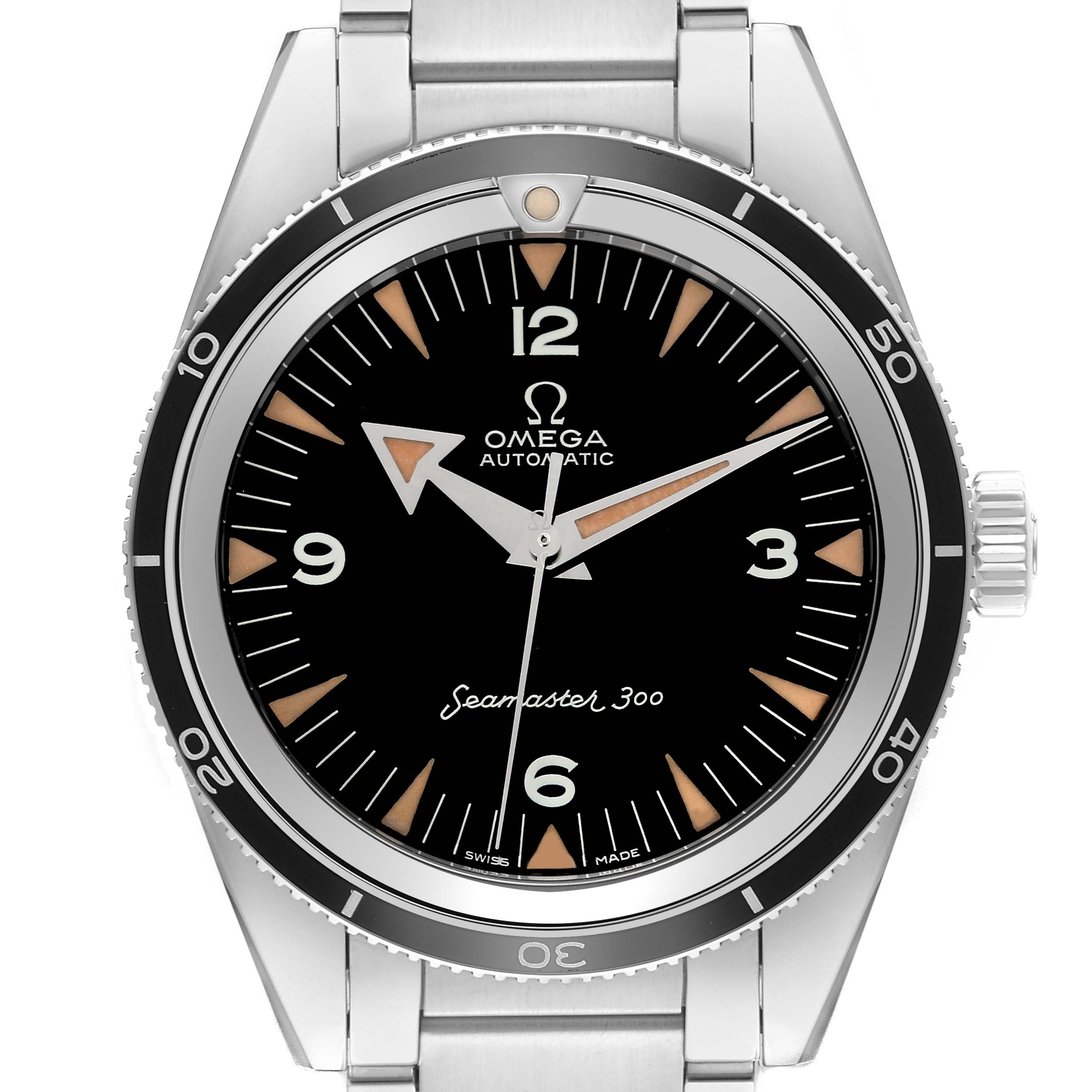 The image shows a front view of the Omega Seamaster 234.10.39.20.01.001 Men
s Stainless Steel Black Dial 234.10.39.20.01.001 Men
s Stainless Steel Black Dial 300 watch, highlighting its dial, bezel, and stainless steel bracelet.