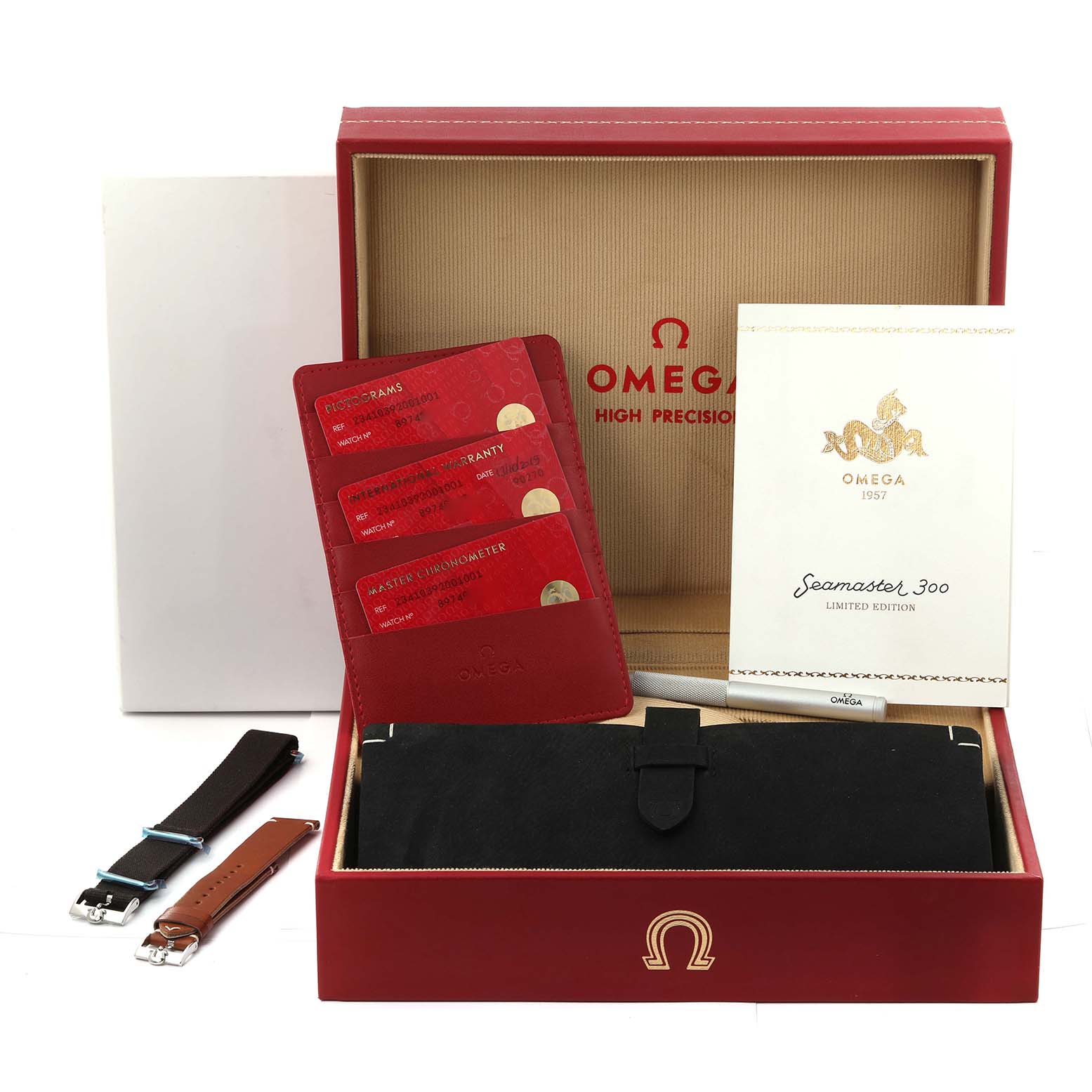 The image shows an Omega Seamaster 234.10.39.20.01.001 Men
s Stainless Steel Black Dial 234.10.39.20.01.001 Men
s Stainless Steel Black Dial watch box set, including warranty cards, instruction manual, strap options, and a pen.