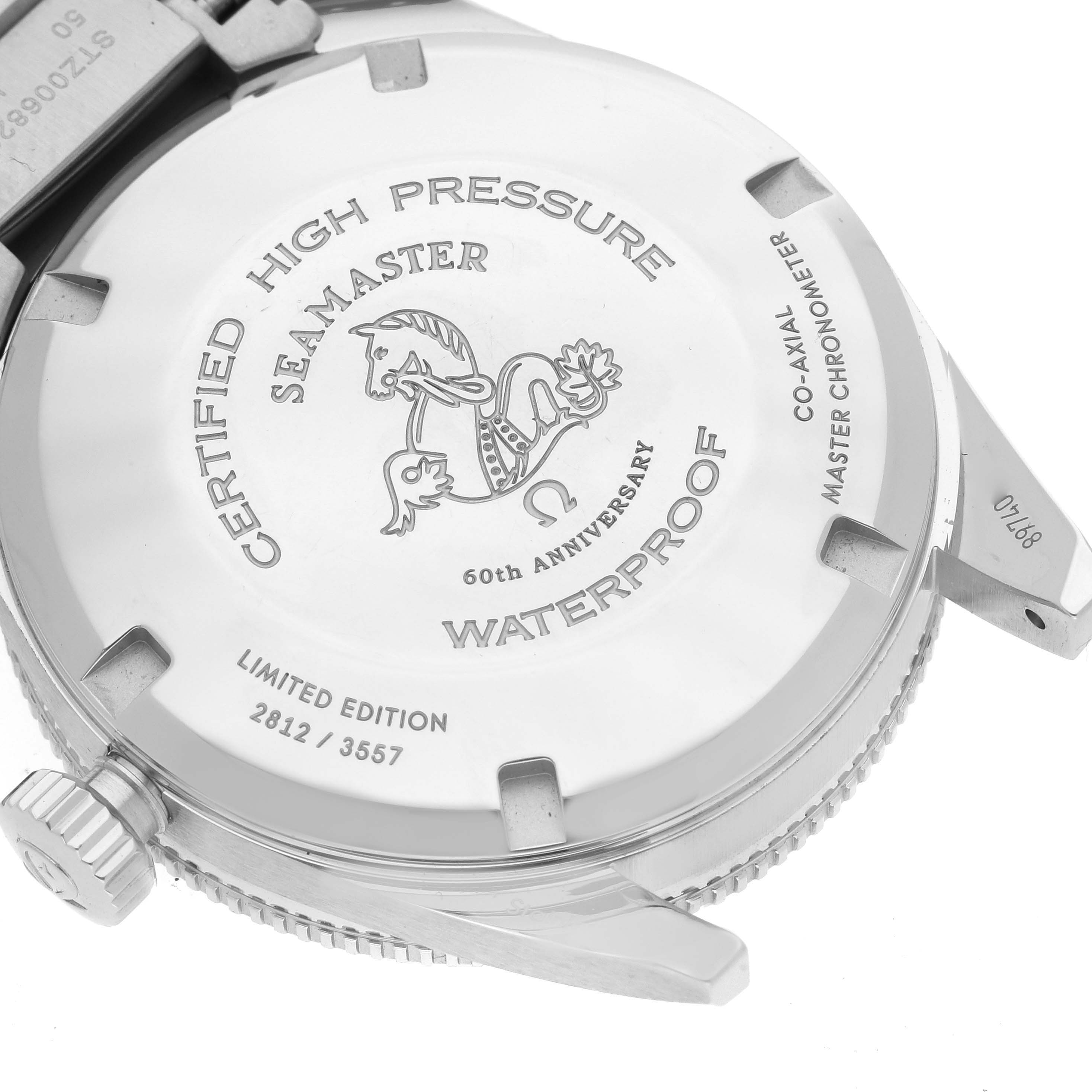 The image shows the back case of an Omega Seamaster 234.10.39.20.01.001 Men
s Stainless Steel Black Dial 234.10.39.20.01.001 Men
s Stainless Steel Black Dial watch, highlighting its limited edition serial number and branding details.