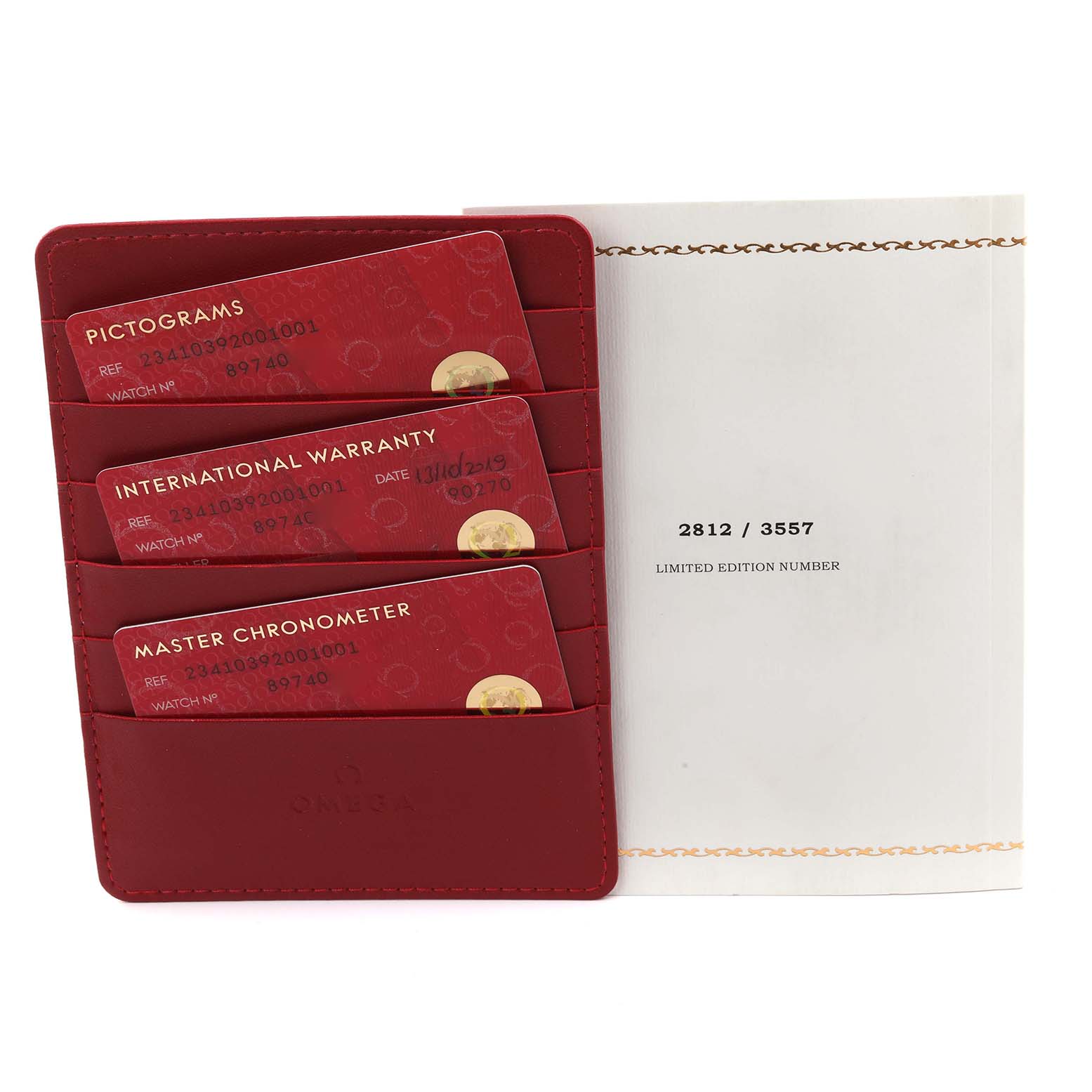 The image shows Omega Seamaster 234.10.39.20.01.001 Men
s Stainless Steel Black Dial 234.10.39.20.01.001 Men
s Stainless Steel Black Dial documentation including warranty cards and a limited edition certificate.