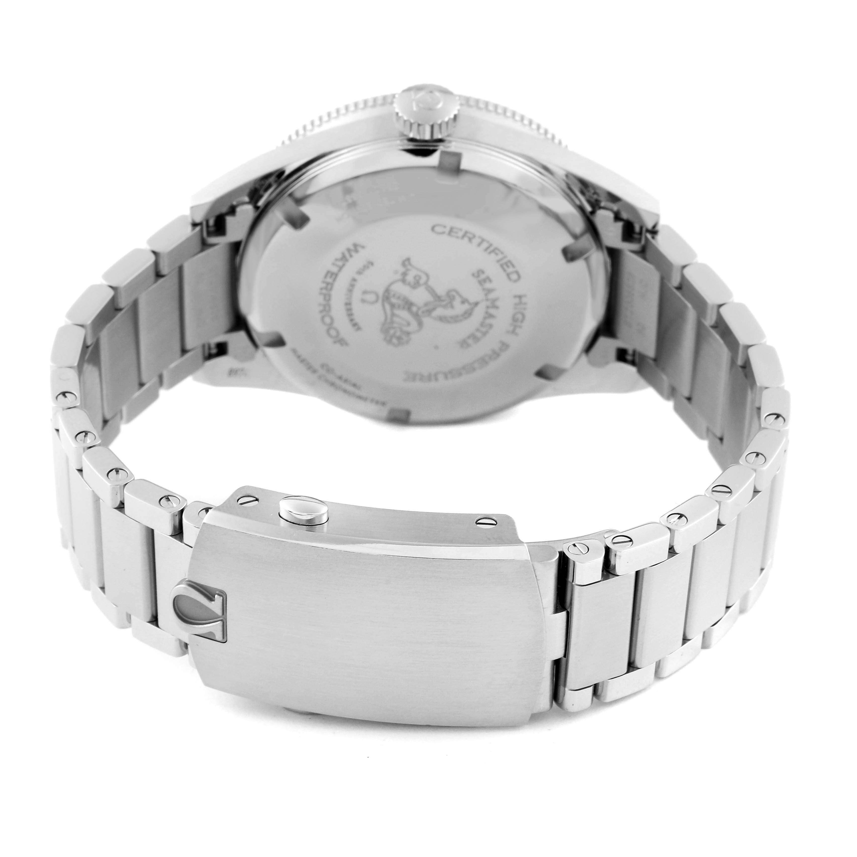 The image shows the back of an Omega Seamaster 234.10.39.20.01.001 Men
s Stainless Steel Black Dial 234.10.39.20.01.001 Men
s Stainless Steel Black Dial watch, highlighting the case back, crown, and metal bracelet with clasp.