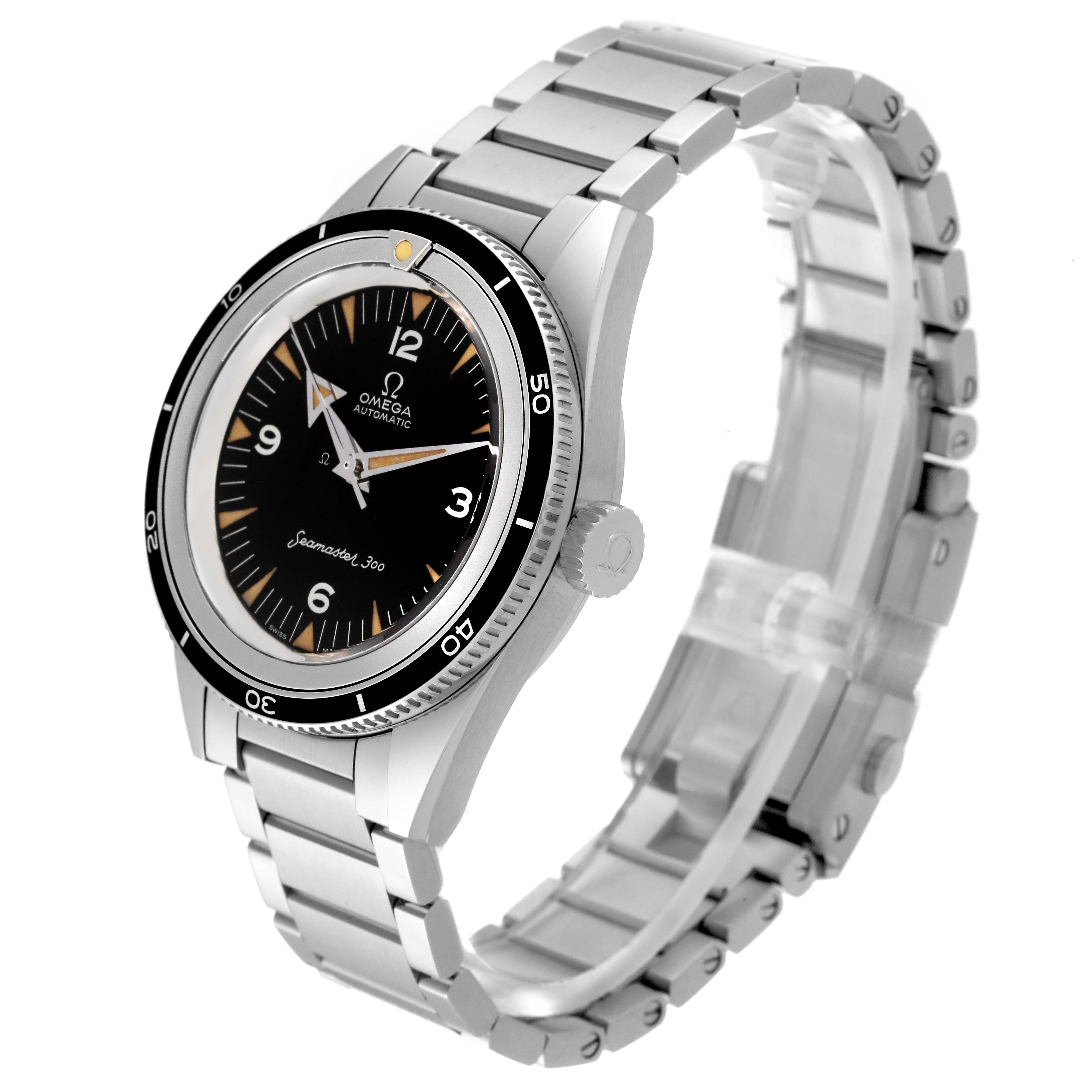 The Omega Seamaster 234.10.39.20.01.001 Men
s Stainless Steel Black Dial 234.10.39.20.01.001 Men
s Stainless Steel Black Dial watch is shown at a slight angle, highlighting the face, bezel, crown, and metal bracelet.