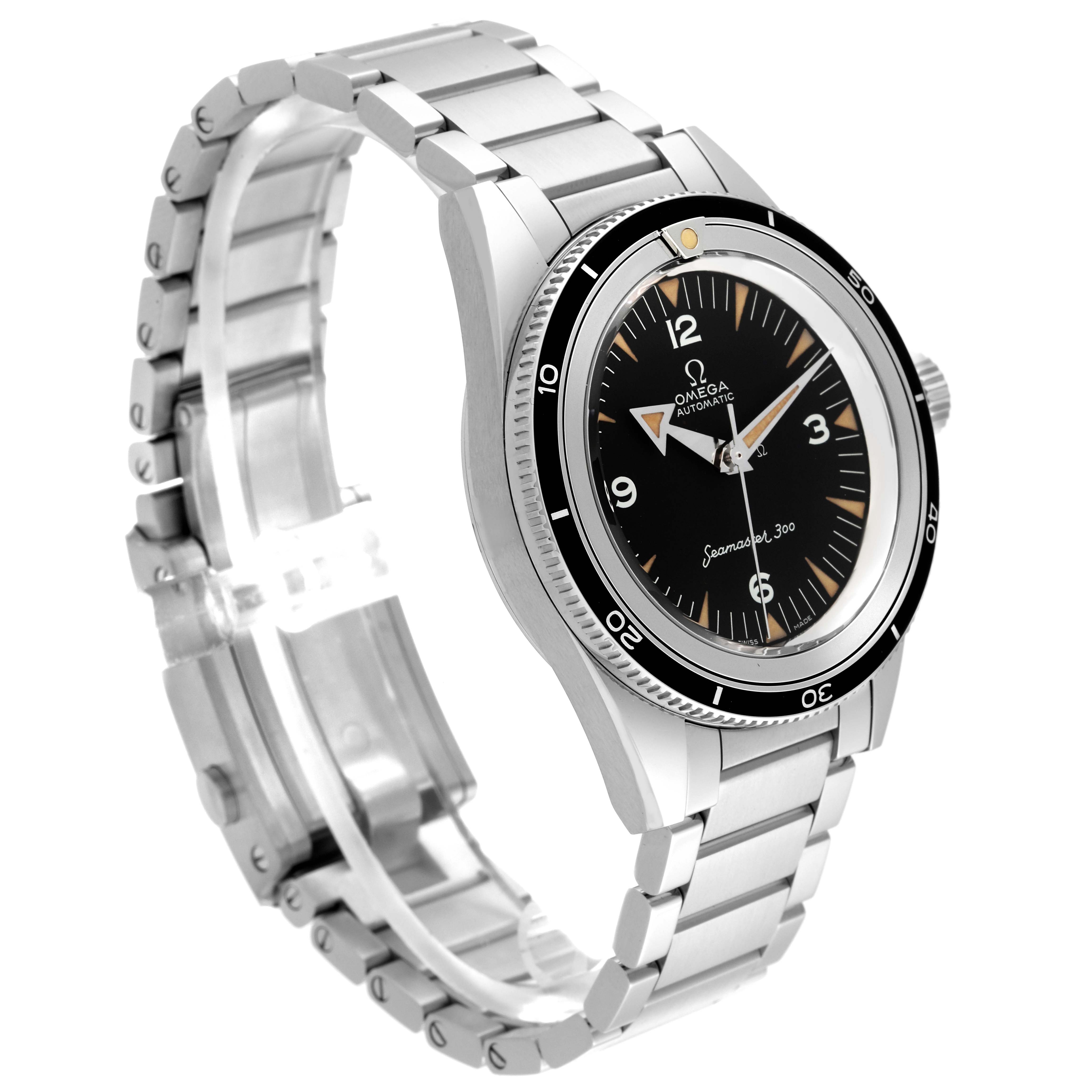 The image shows a side angle of the Omega Seamaster 234.10.39.20.01.001 Men
s Stainless Steel Black Dial 234.10.39.20.01.001 Men
s Stainless Steel Black Dial watch, highlighting its stainless steel bracelet and black dial.