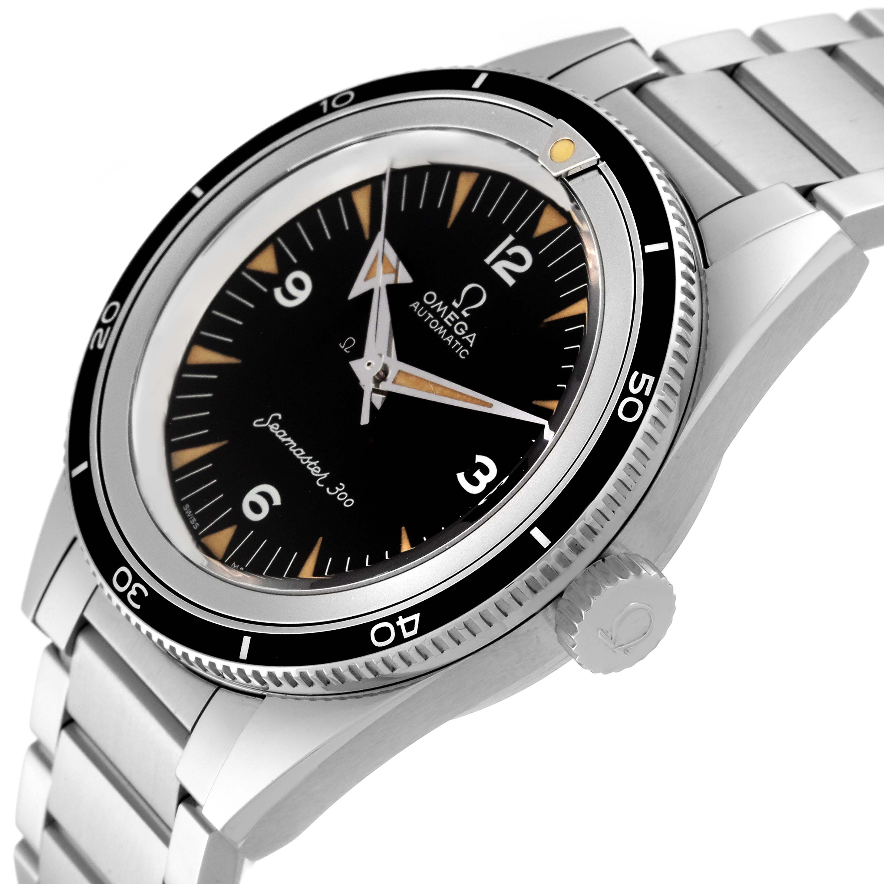 The Omega Seamaster 234.10.39.20.01.001 Men
s Stainless Steel Black Dial 234.10.39.20.01.001 Men
s Stainless Steel Black Dial watch is shown at an angled side view, highlighting its dial, bezel, crown, and metallic bracelet.