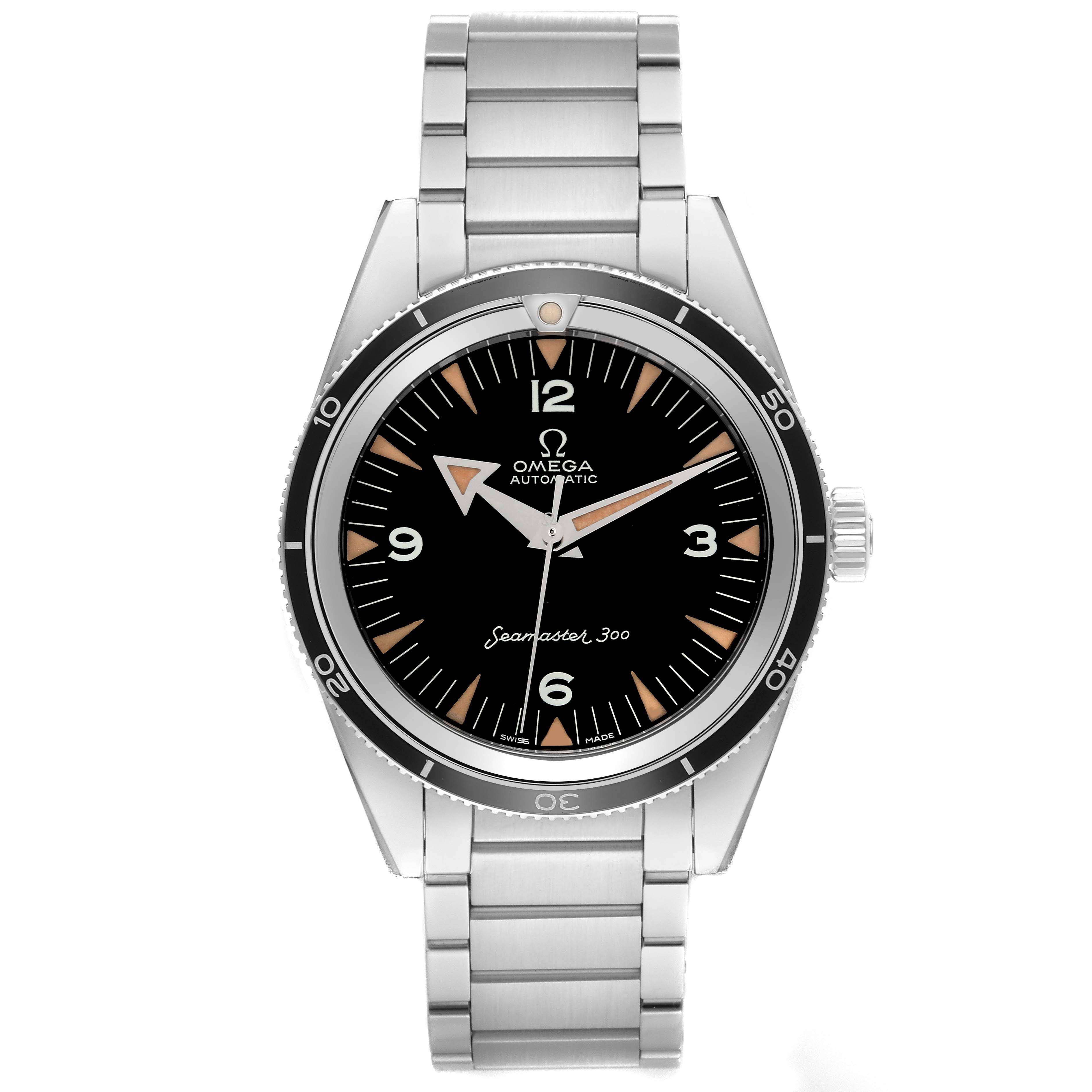 The image shows a front view of the Omega Seamaster 234.10.39.20.01.001 Men
s Stainless Steel Black Dial 234.10.39.20.01.001 Men
s Stainless Steel Black Dial 300 watch, displaying the dial, bezel, and stainless steel bracelet.