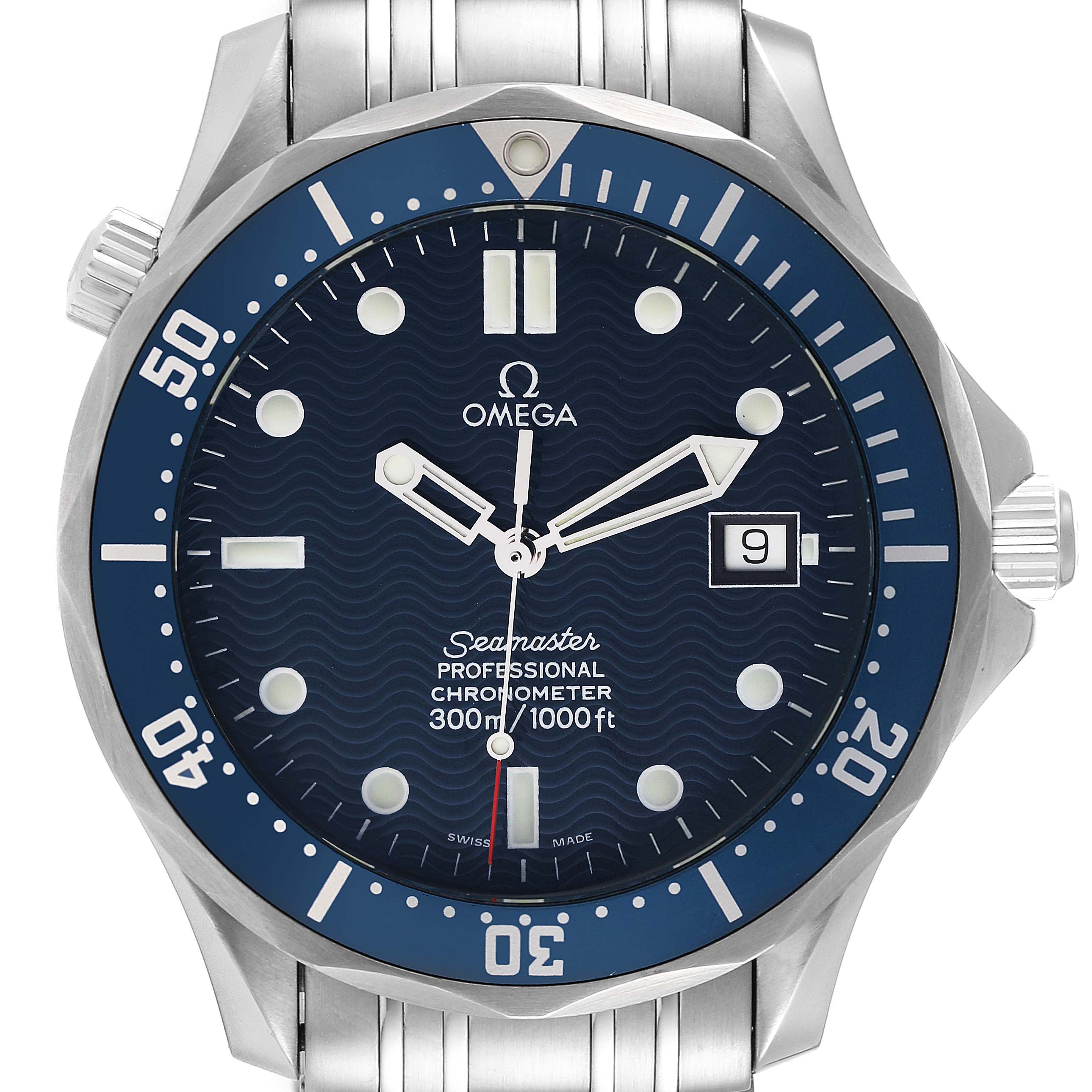 This image shows a front view of the Omega Seamaster 2531.80.00 Men's Stainless Steel Blue Dial 2531.80.00 Men's Stainless Steel Blue Dial watch, highlighting the face, bezel, and part of the metal bracelet.