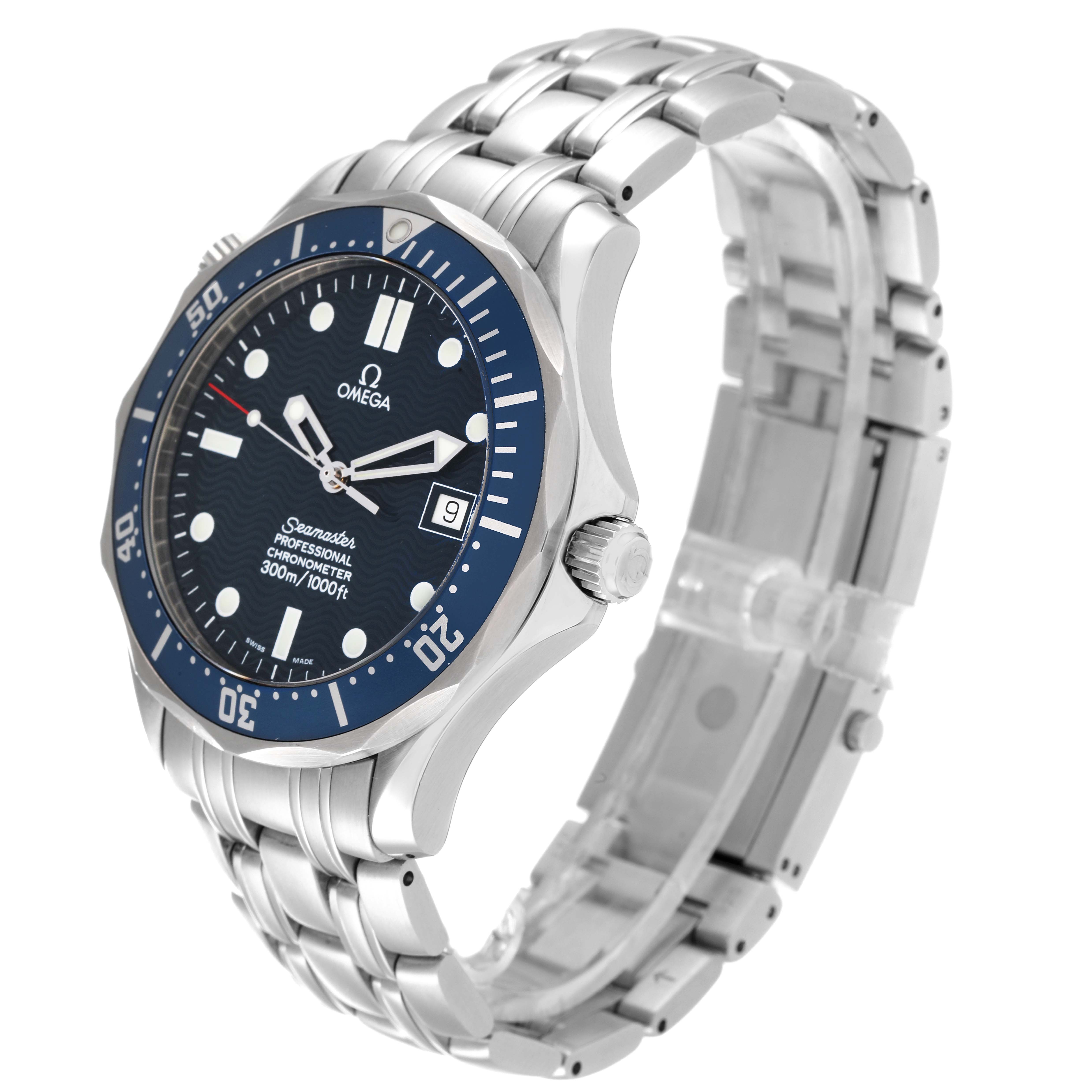 The Omega Seamaster 2531.80.00 Men's Stainless Steel Blue Dial 2531.80.00 Men's Stainless Steel Blue Dial watch is shown at an angled side view, displaying the dial, bezel, crown, and metal bracelet.