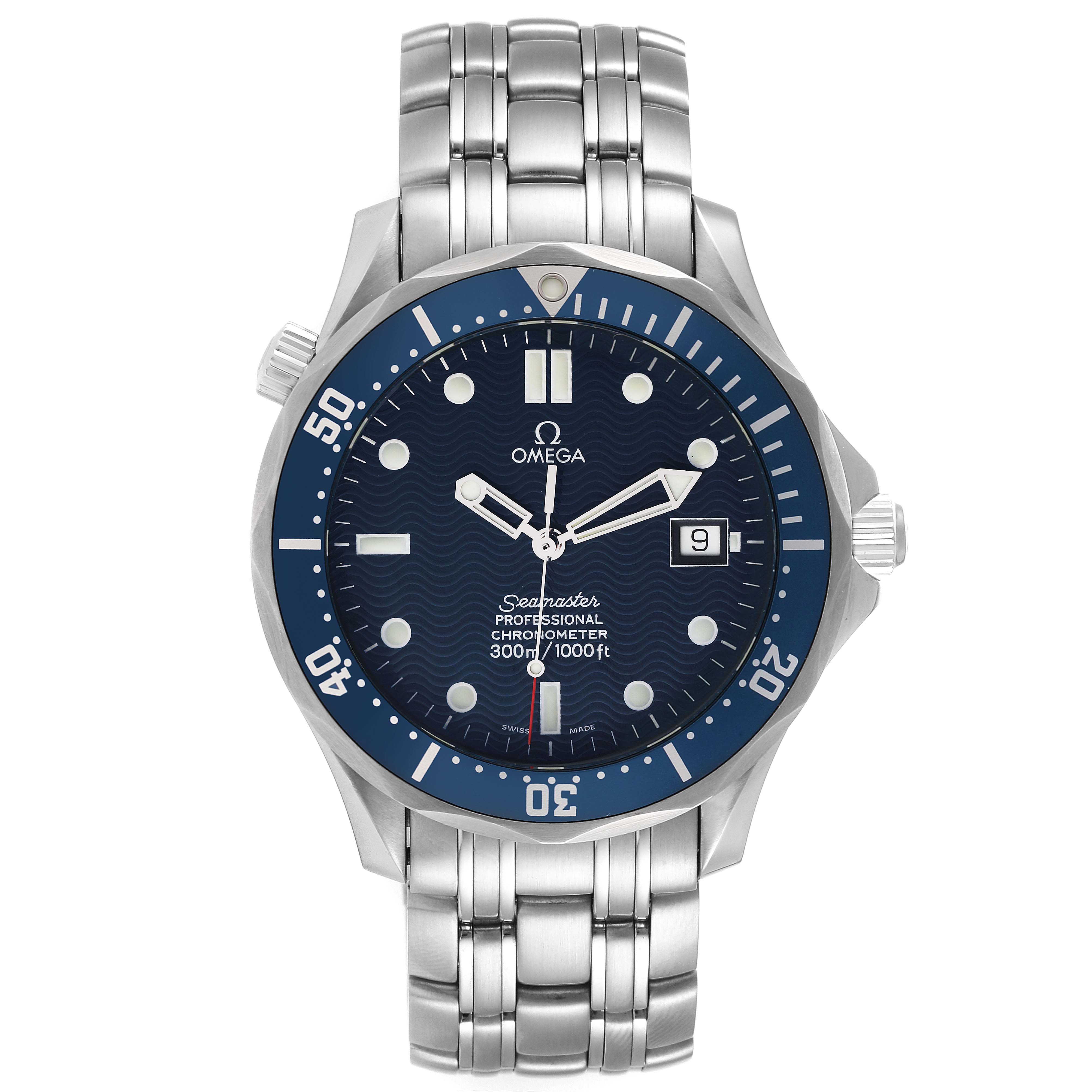 The Omega Seamaster 2531.80.00 Men's Stainless Steel Blue Dial 2531.80.00 Men's Stainless Steel Blue Dial model watch is shown from a straight-on angle, displaying the dial, bezel, case, and bracelet.