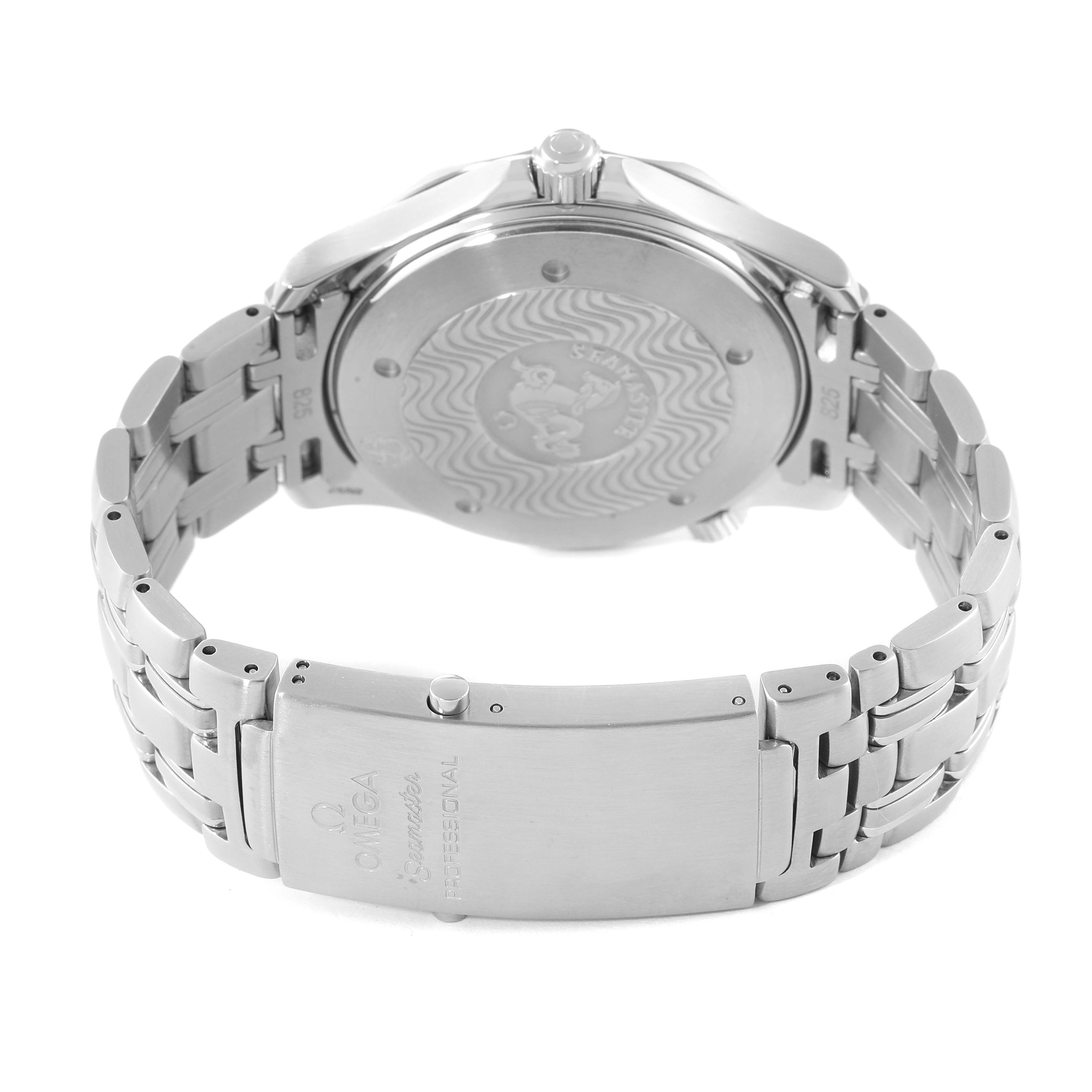 The image shows the back view of an Omega Seamaster 2531.80.00 Men's Stainless Steel Blue Dial 2531.80.00 Men's Stainless Steel Blue Dial watch, highlighting the case back and clasp.