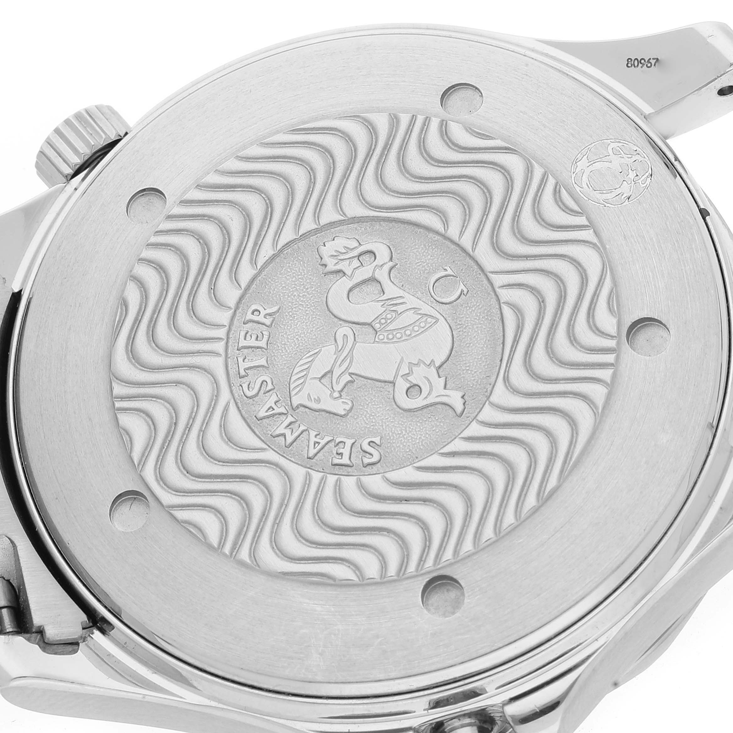 This image shows the back case of the Omega Seamaster 2531.80.00 Men's Stainless Steel Blue Dial 2531.80.00 Men's Stainless Steel Blue Dial watch at a slight angle, highlighting the engraved design and brand logo.